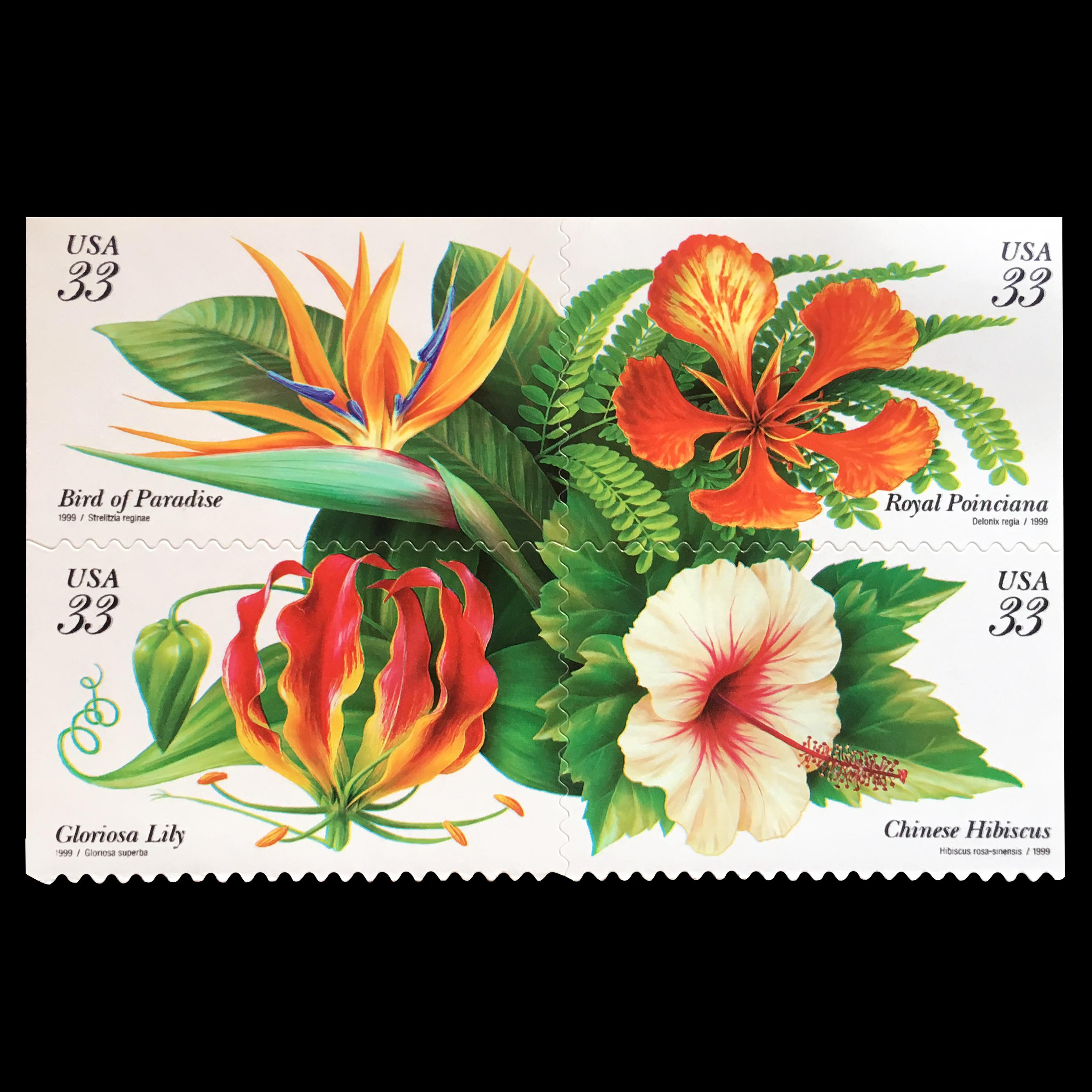US postage stamp, 1999. Scott 3310 3313 Tropical Flowers r/philately