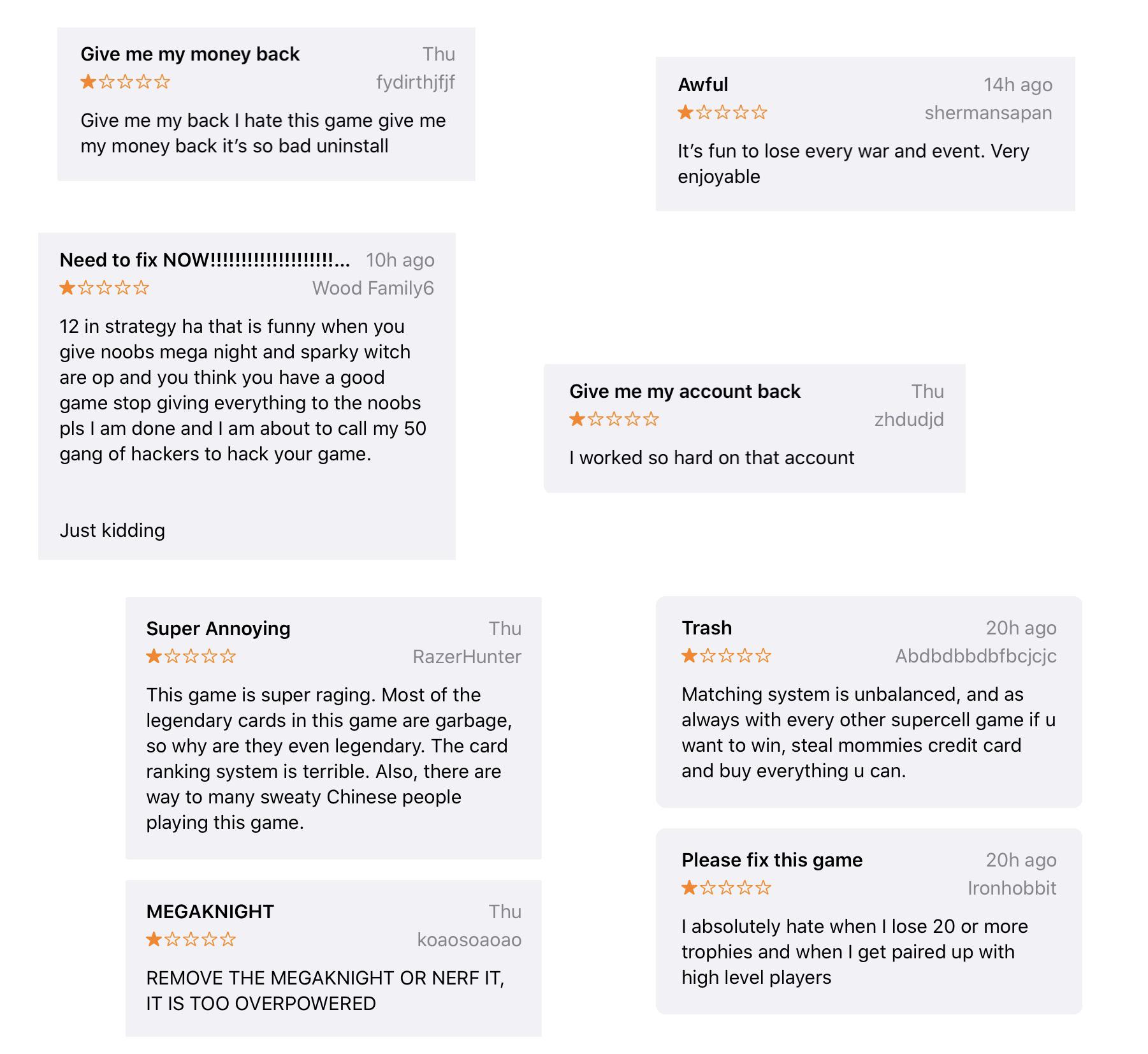 I'm back again to bring you more clash royale bad app store reviews