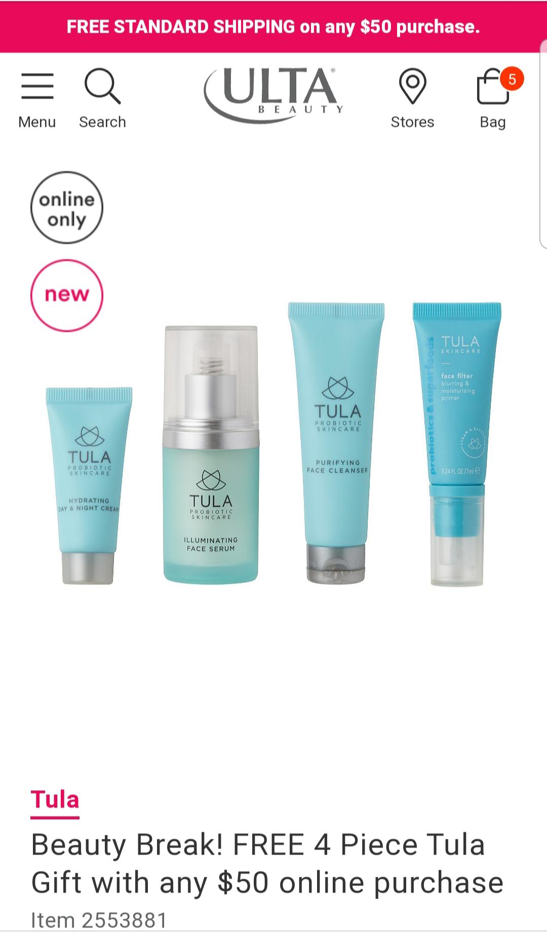 Ulta Beauty Break! Free 4 piece Tula gift with 50 purchase r