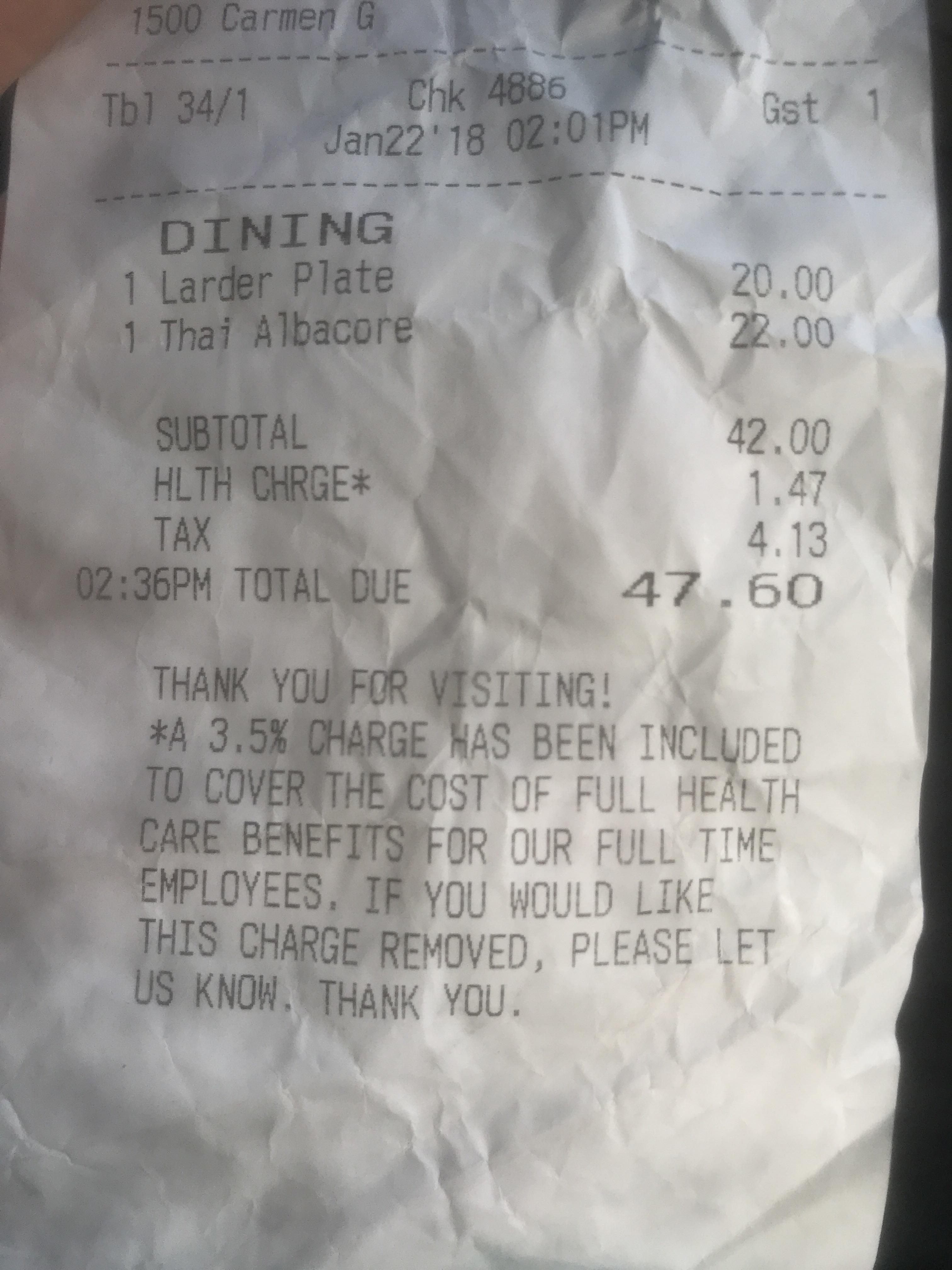 This restaurant includes a “health charge” that helps pay their
