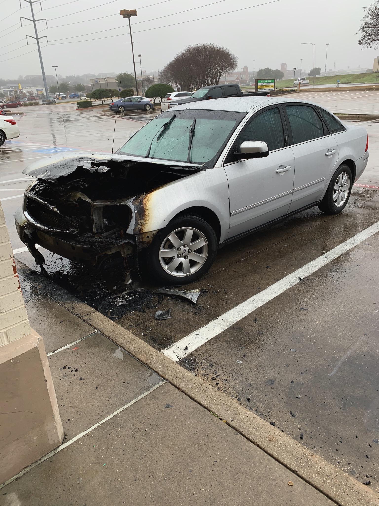 Someone’s car lit on fire at my job yesterday. This is from this morning. r/Denton