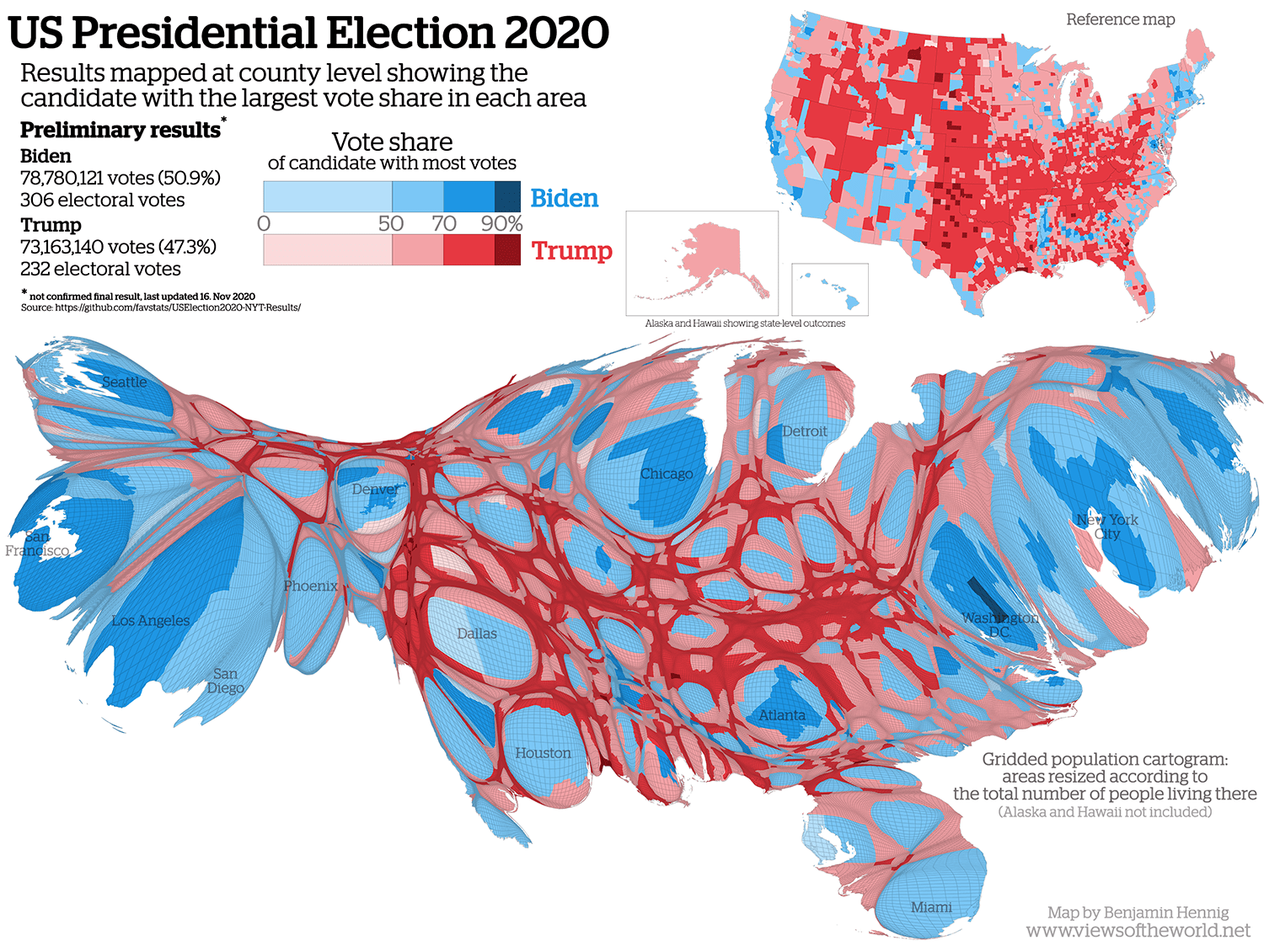 Cartogram Population Map Of The United States Cartogram of 2020 US Presidential Election MapPorn