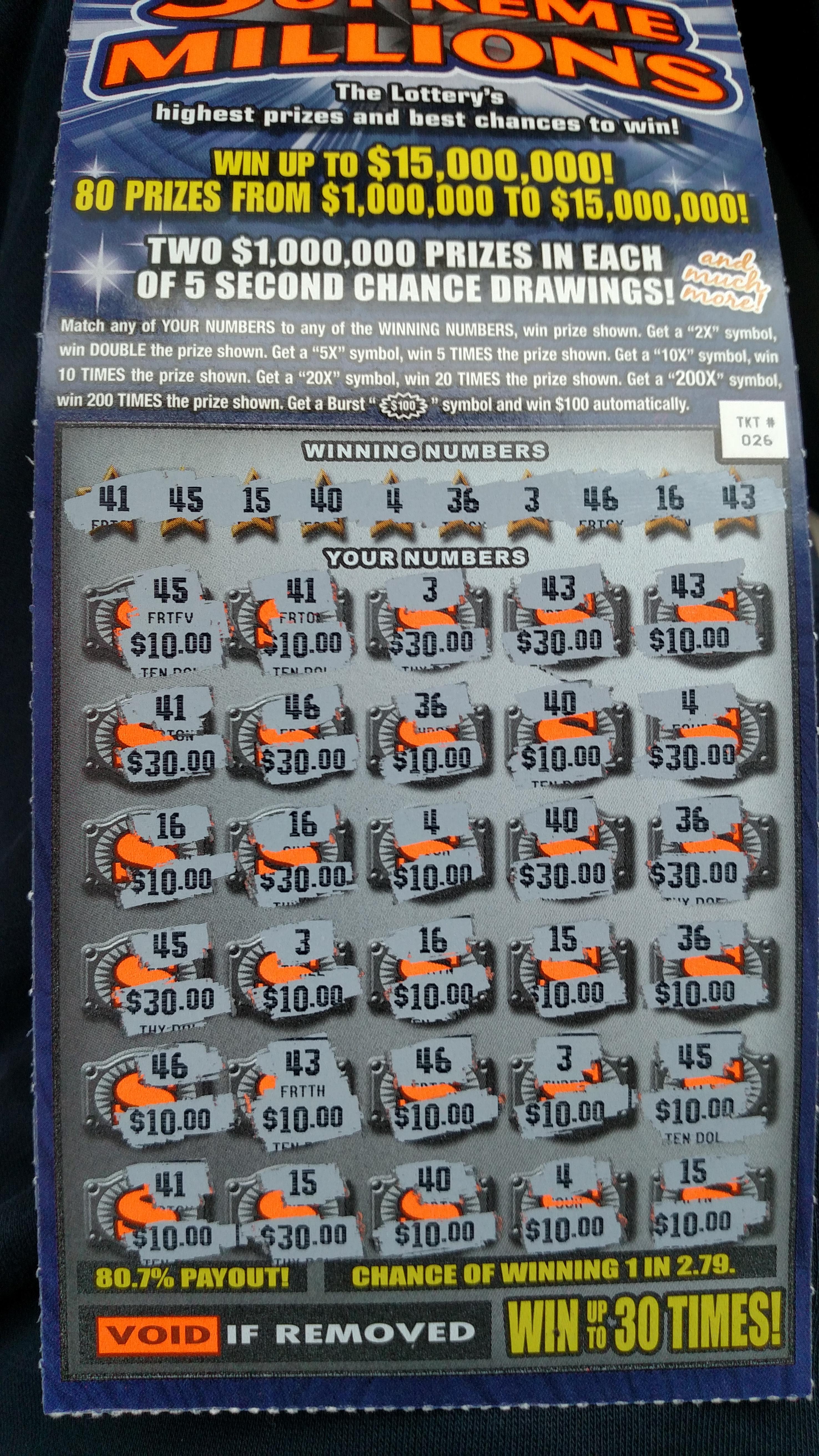 How about matching them all on a 30 ticket r/Lottery
