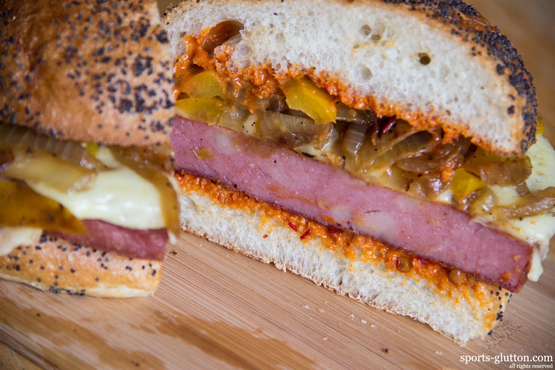 Fried Mortadella Bologna Sandwich with Peppers, Onions, and Chipotle