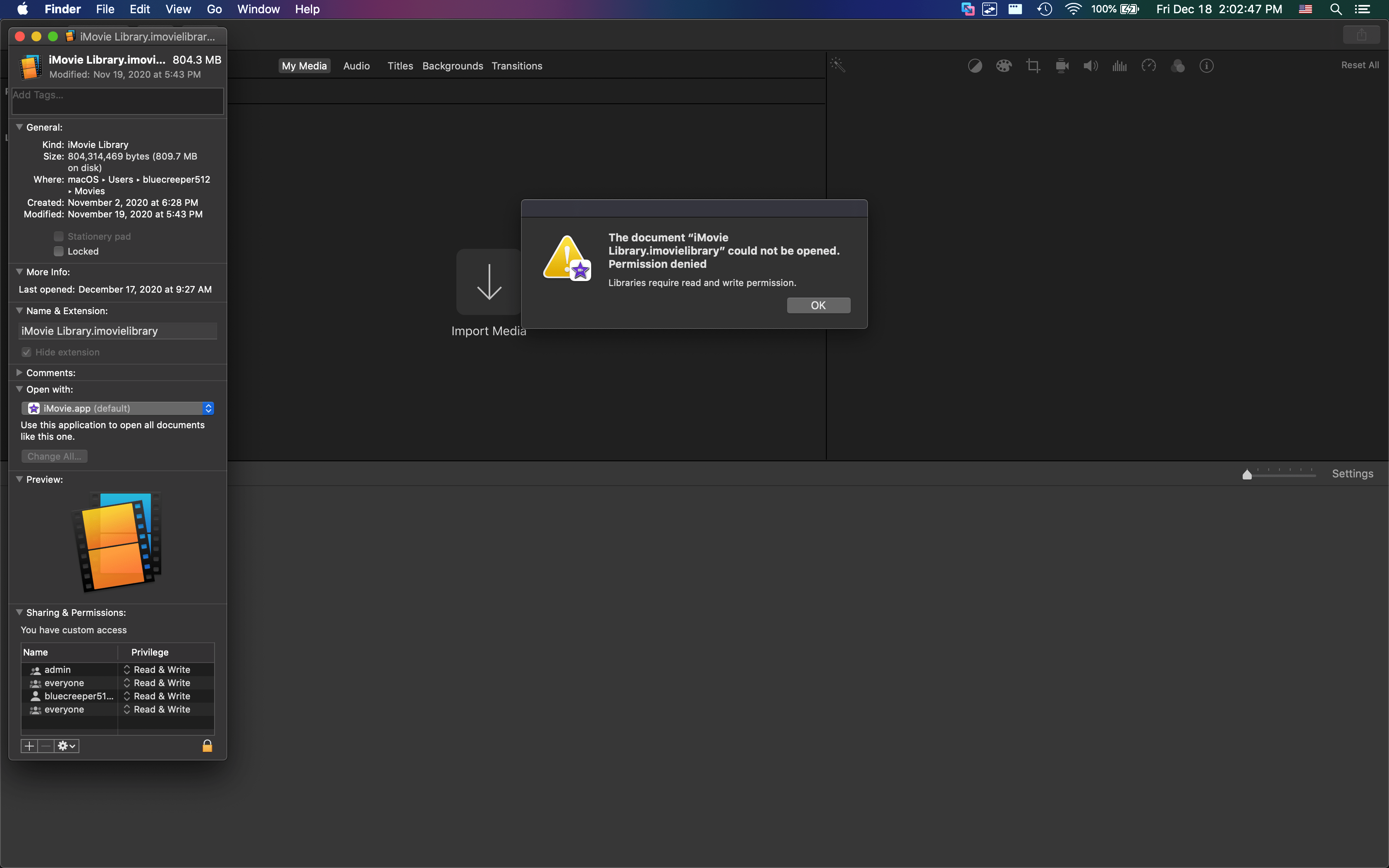 iMovie library "Libraries require read and write permissions" Gave