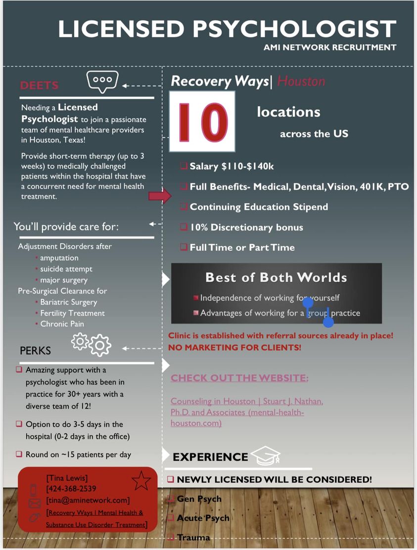 Licensed Psychologist Position in Houston r/TexasTherapy