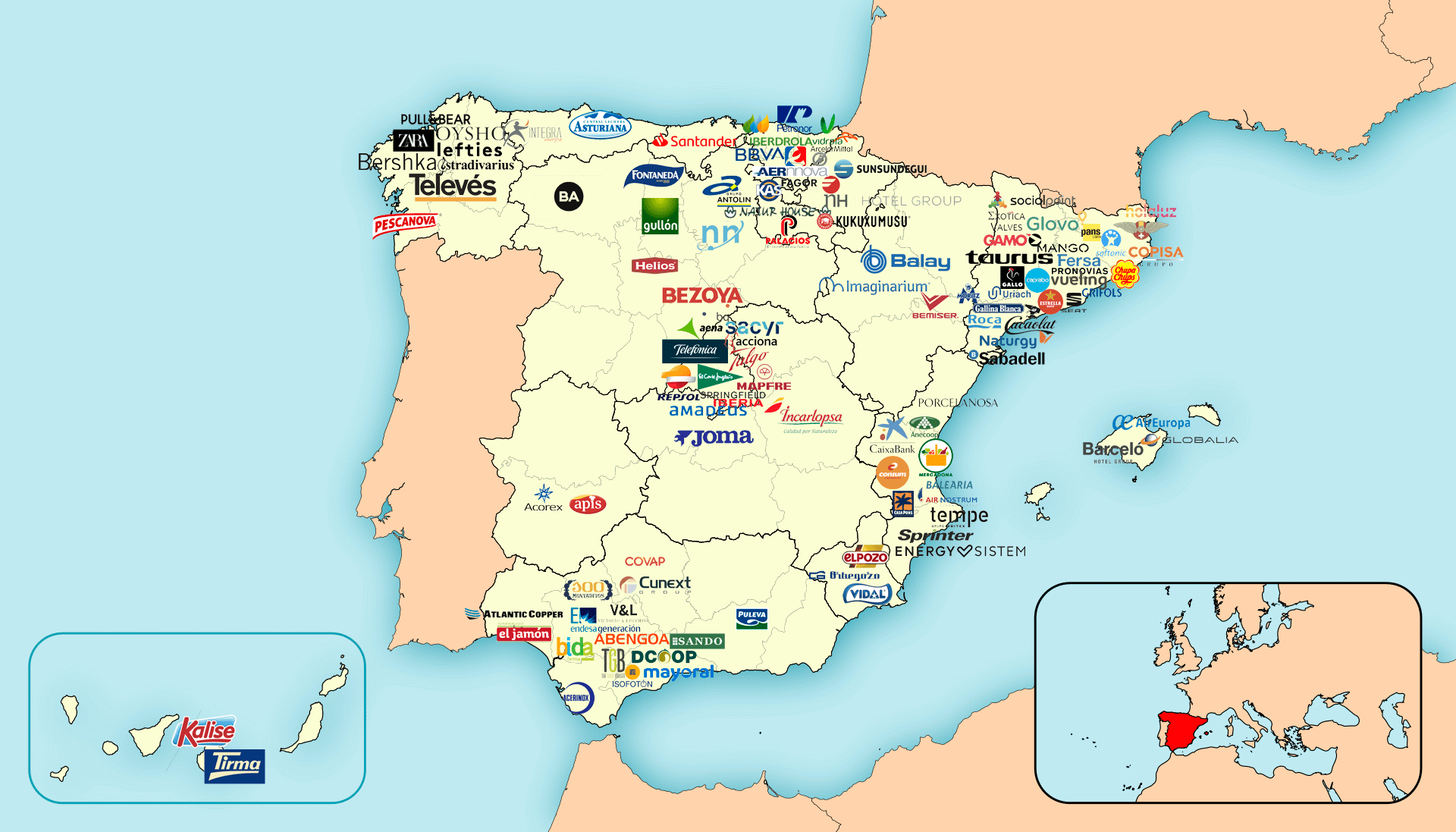 Major Spanish companies and brands (approximate location read