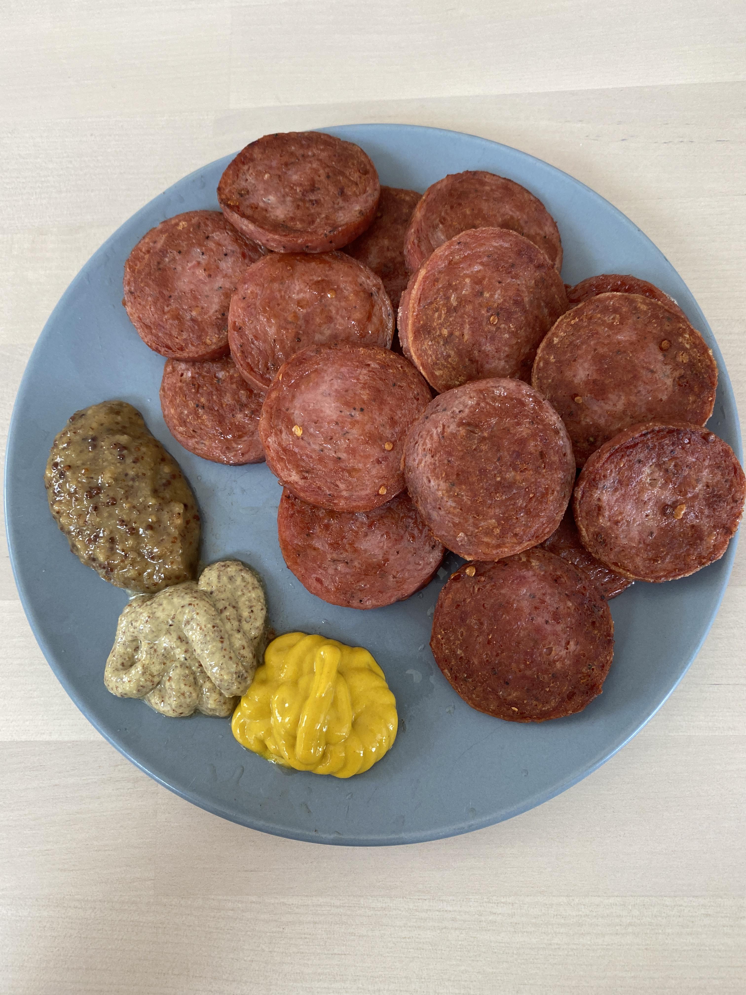 Fried summer sausage with a variety of mustards r/stonerfood