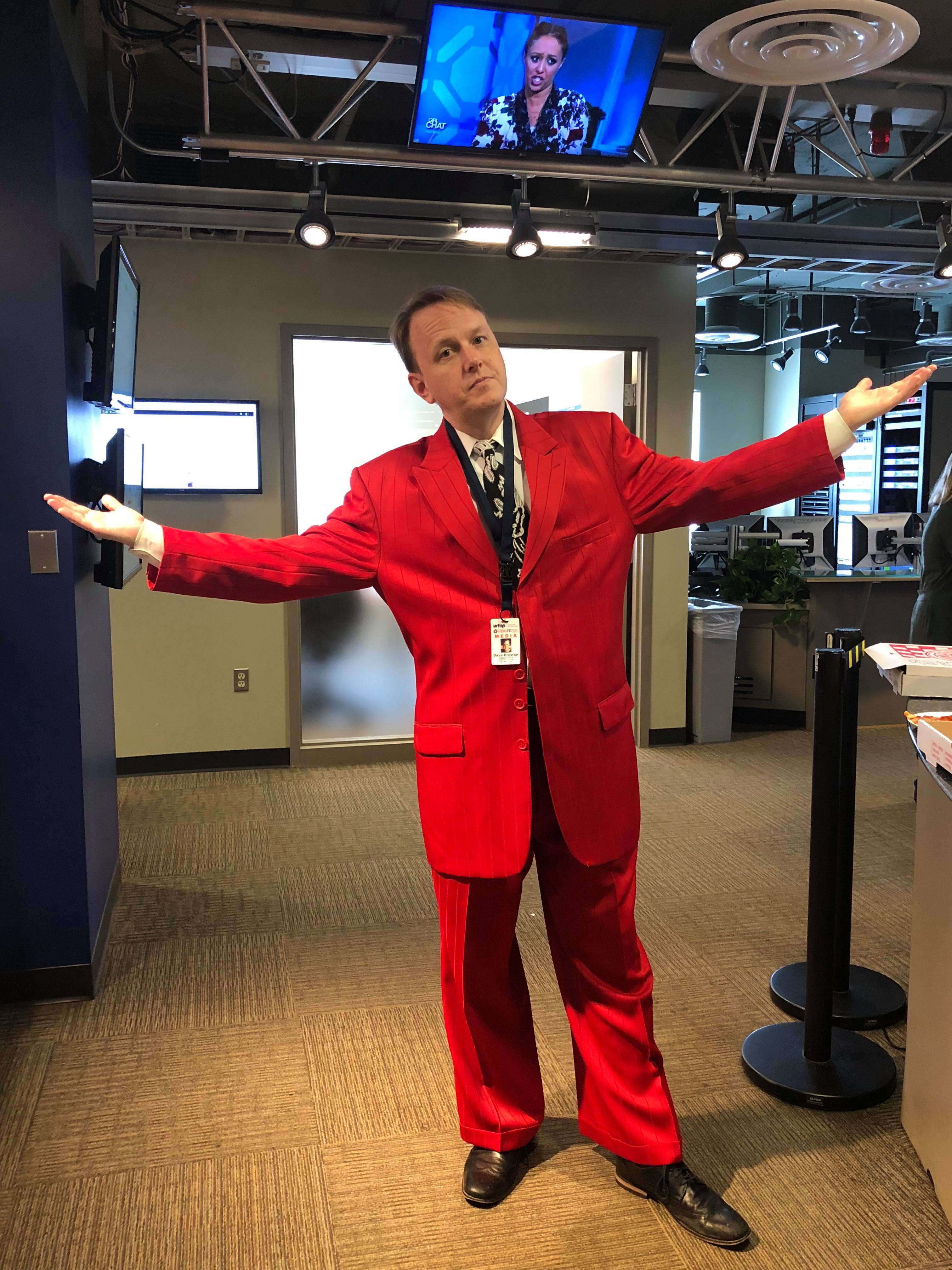 Our sports anchor/reporter Dave Preston went all out with this RED suit