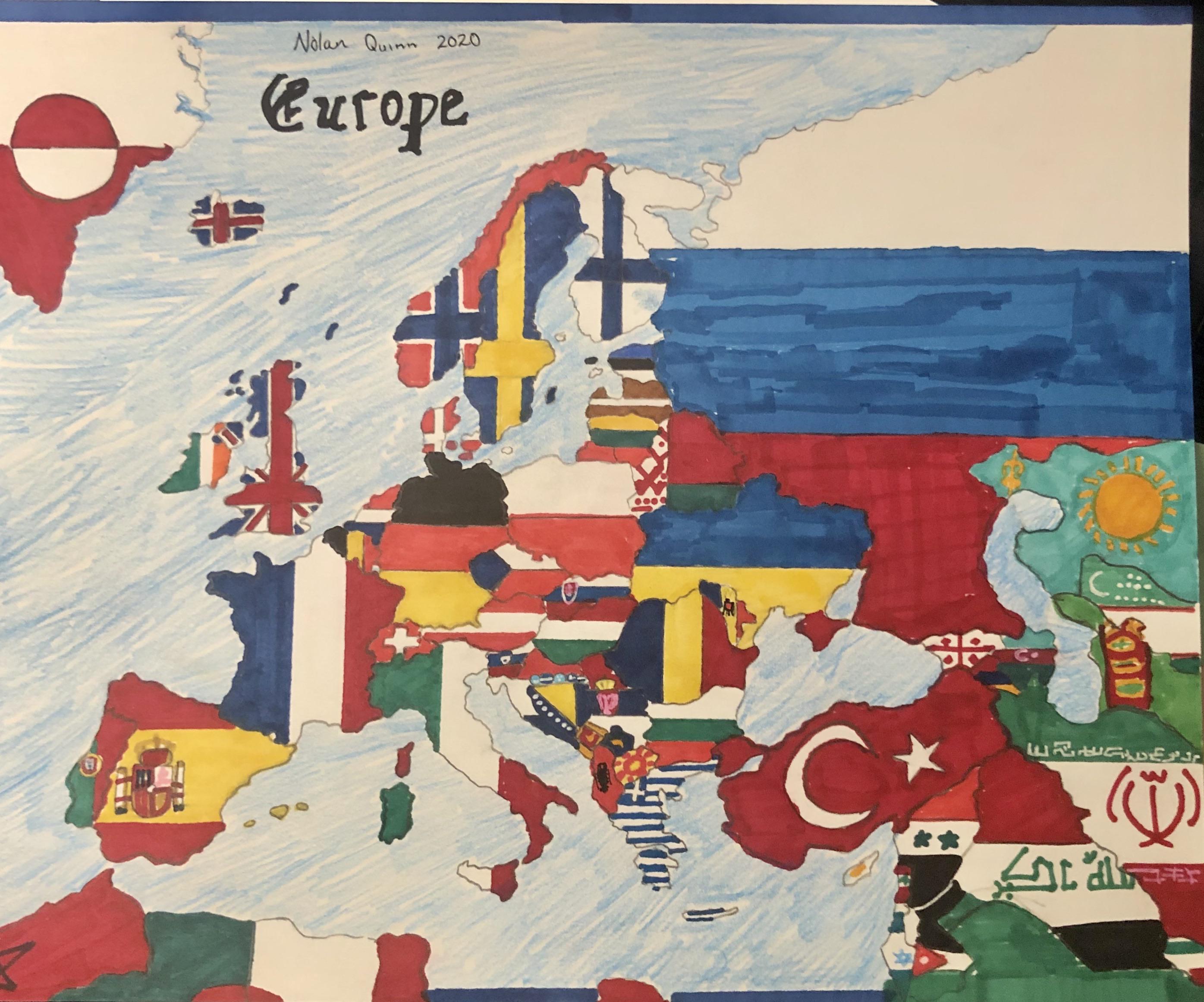 Hand drawn flag map of Europe and surrounding countries (OC) r/MapPorn