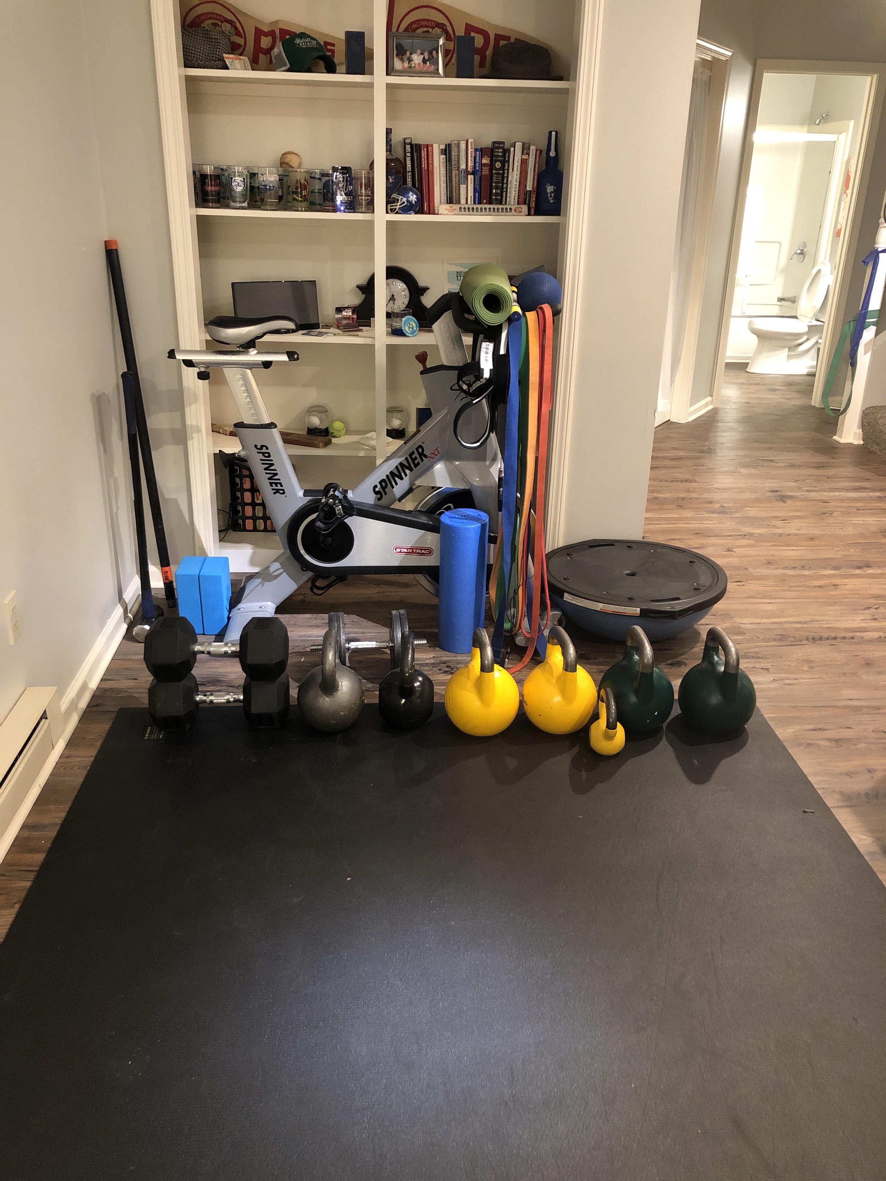 Kettles, heavy bands, sledge, gorilla mat, spinning bike. All I need