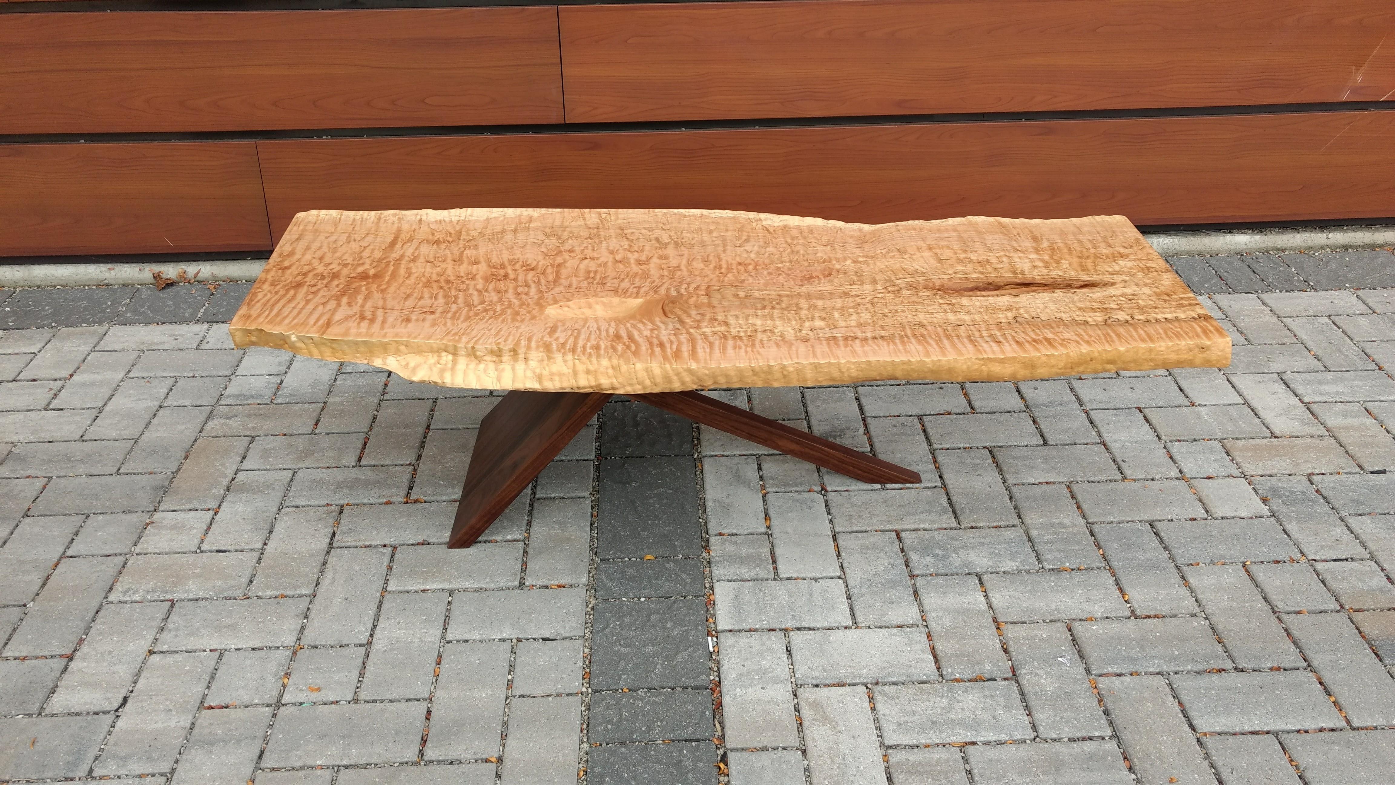 Quilted maple coffee table on a walnut base r/woodworking