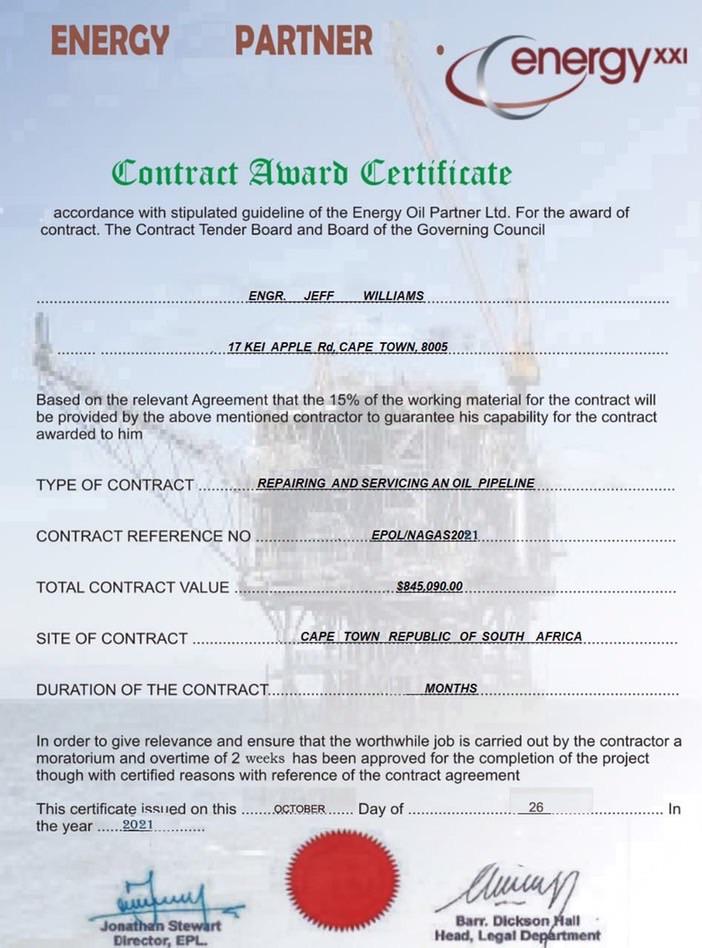 My oil engineer romance scammer and his contract! What’s wrong with