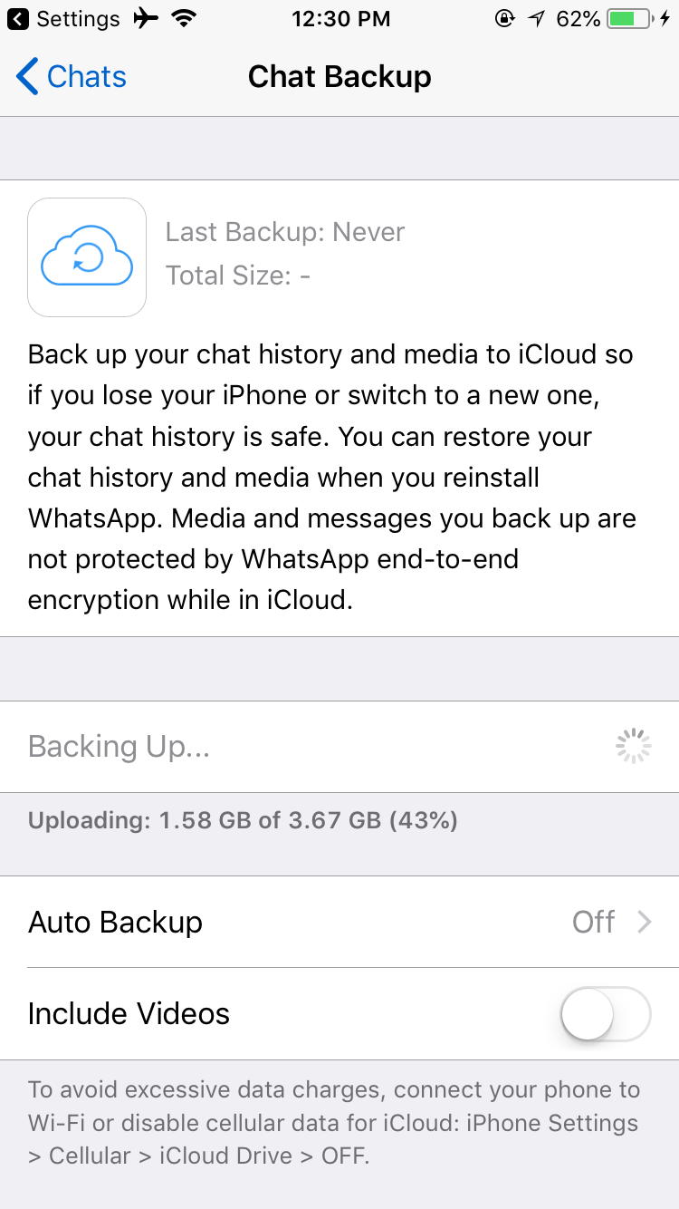 My chat backup have been stuck on 1.58GB (43) for a