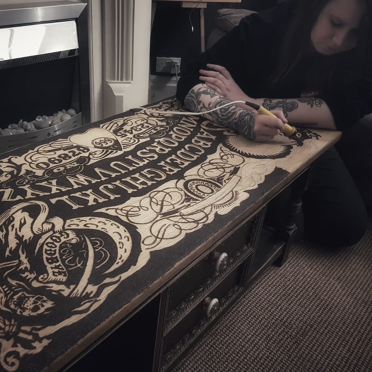 Ouija board coffee table Pyrography