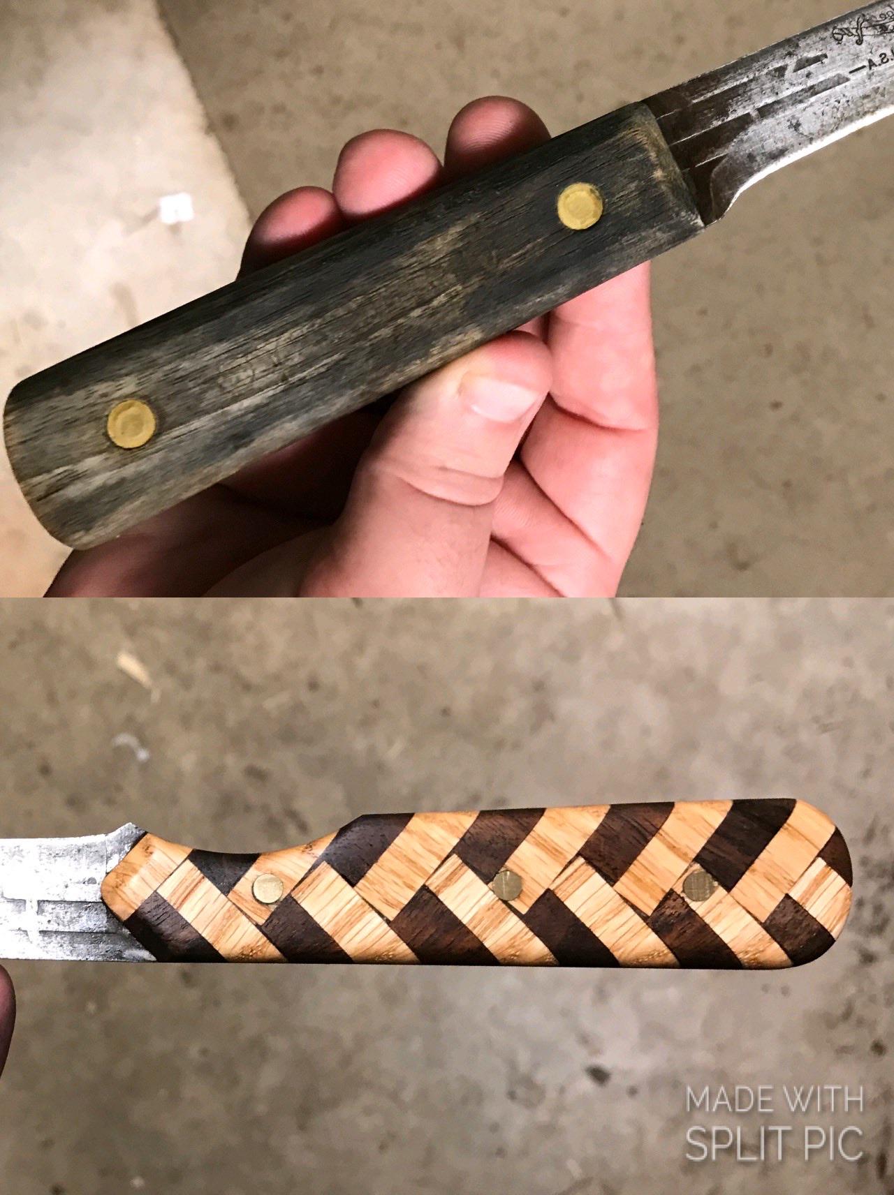 Old Hickory knife scale refurbish. Walnut and oak herringbone. r