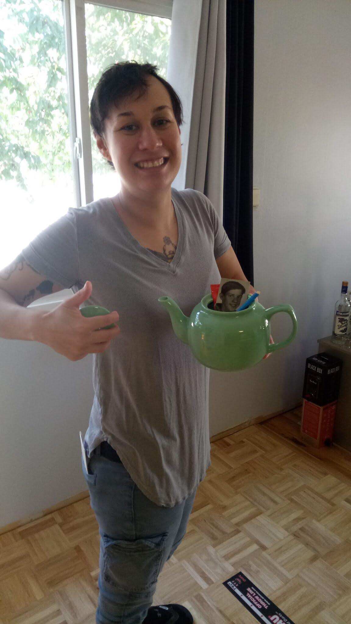 Pam’s teapot for my bday, notice the letter in the back pocket. Hope