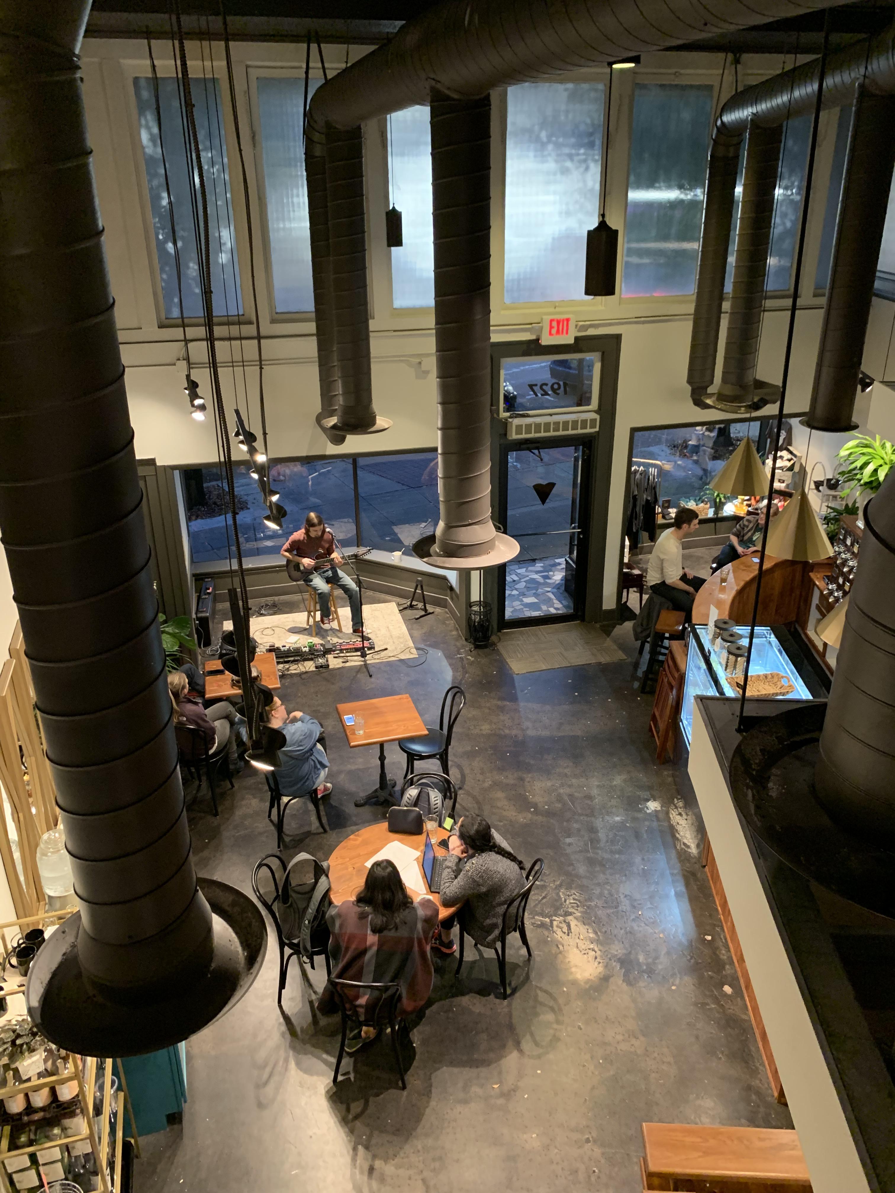 Check out Filter in 5Pts. Great coffee, great people, live music now