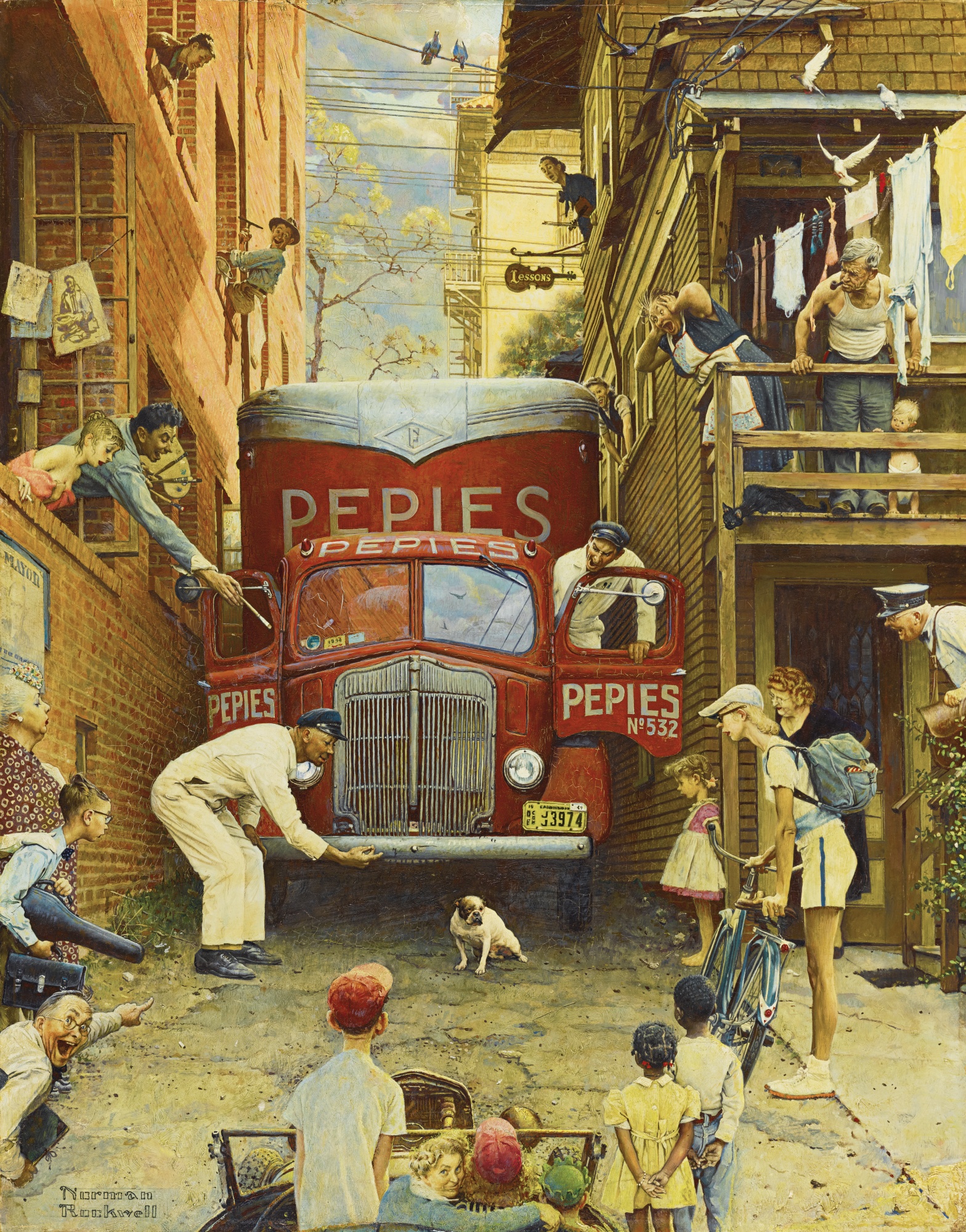 Norman Rockwell Road Block (Bulldog Blocking Truck, Traffic