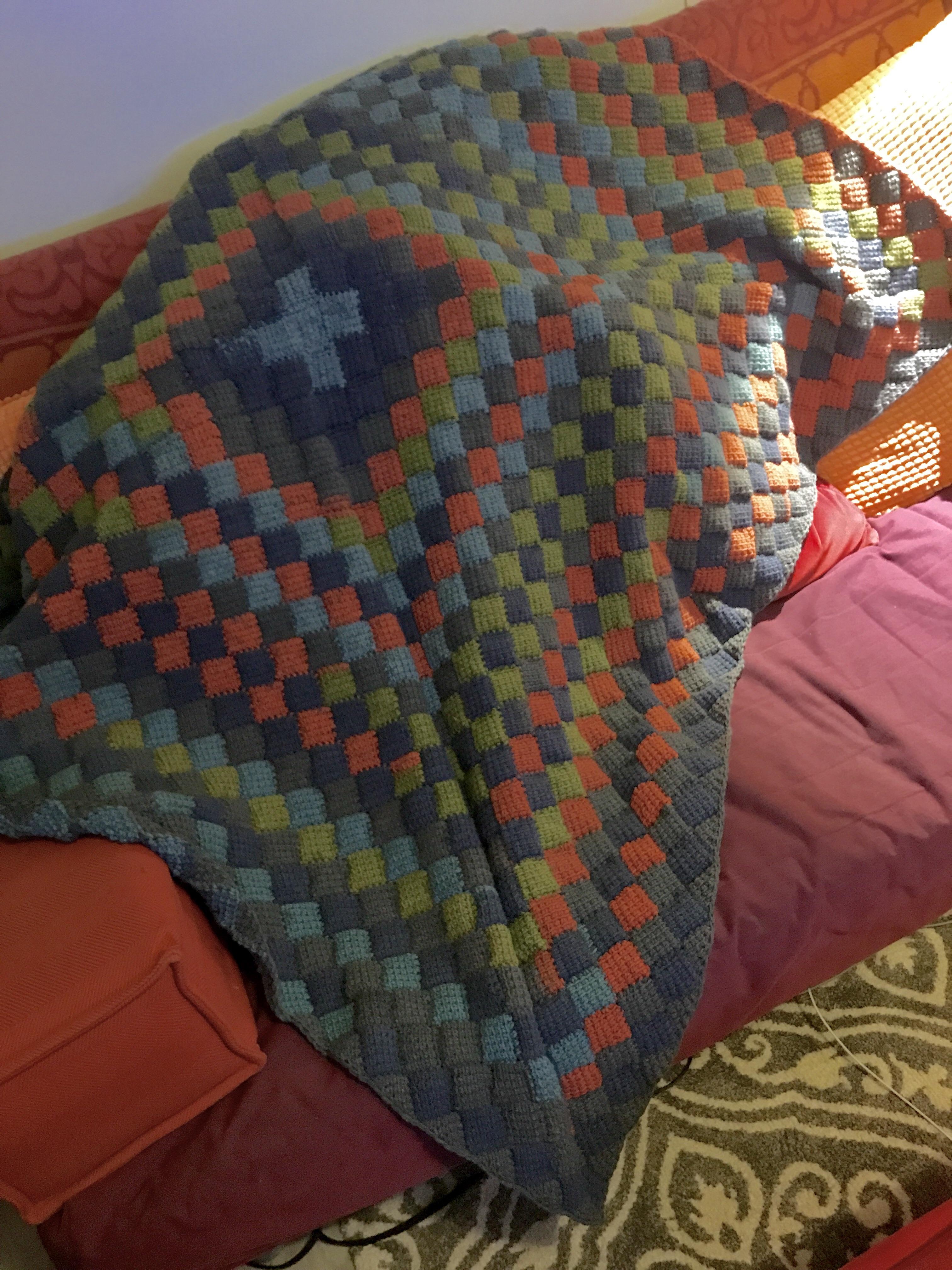Finally finished the Entrelac Blanket I’ve been working on (Caron Big