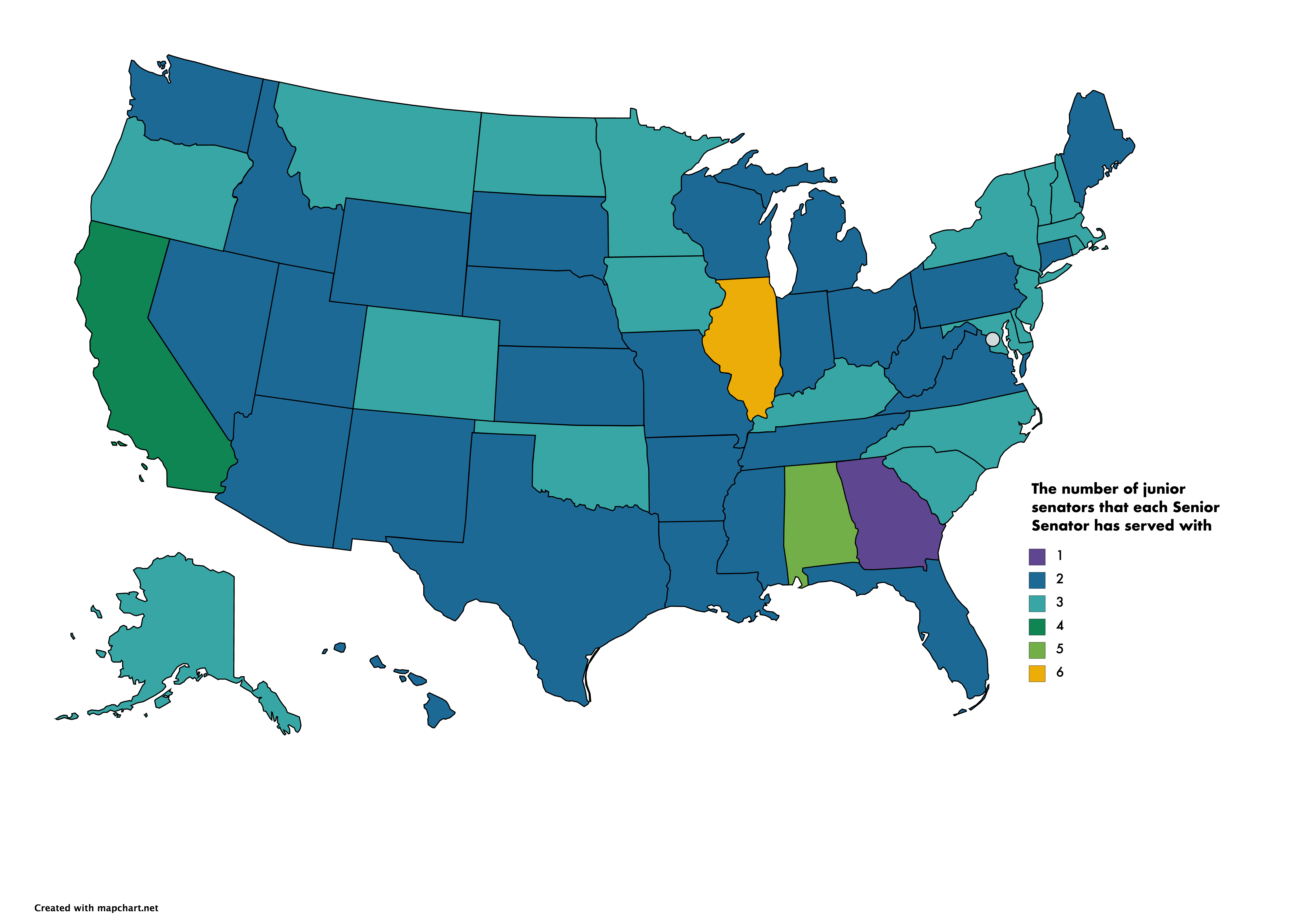 The number of junior senators that each senior Senator has served with