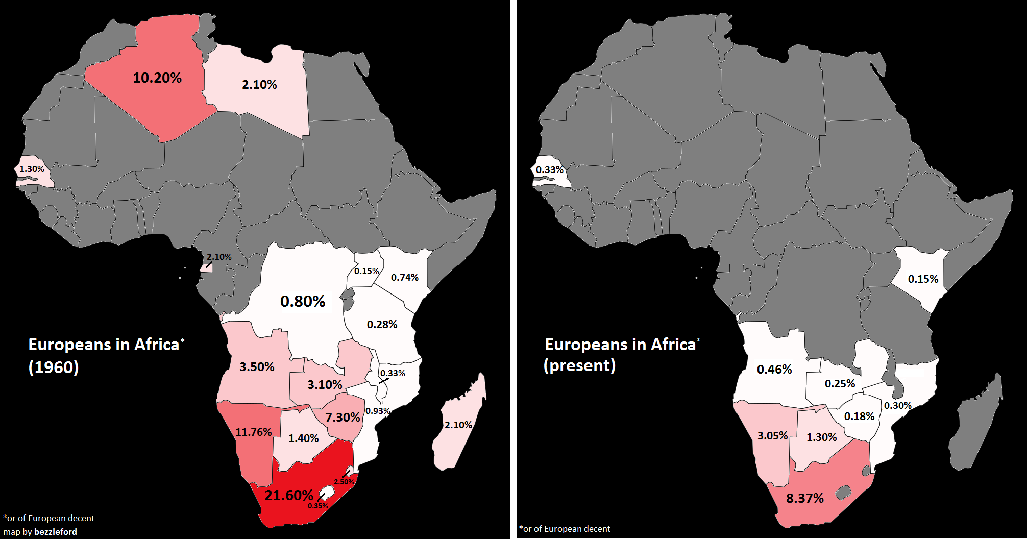 Europeans in Africa in 1960 vs. today [2012 x 1056] [OC] r/MapPorn