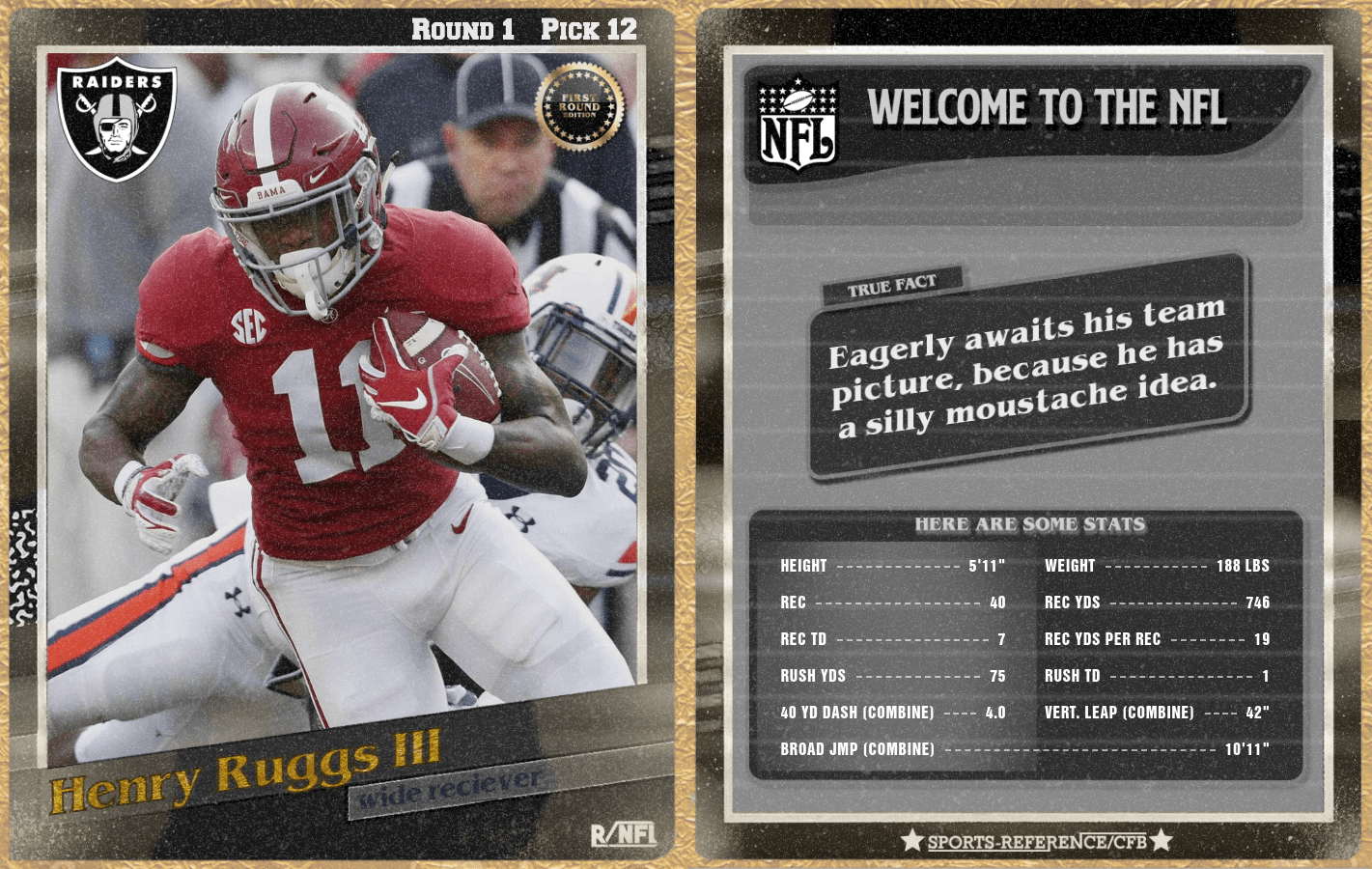 Round 1 Pick 12 Henry Ruggs III, WR, Alabama (Las Vegas Raiders) r/nfl
