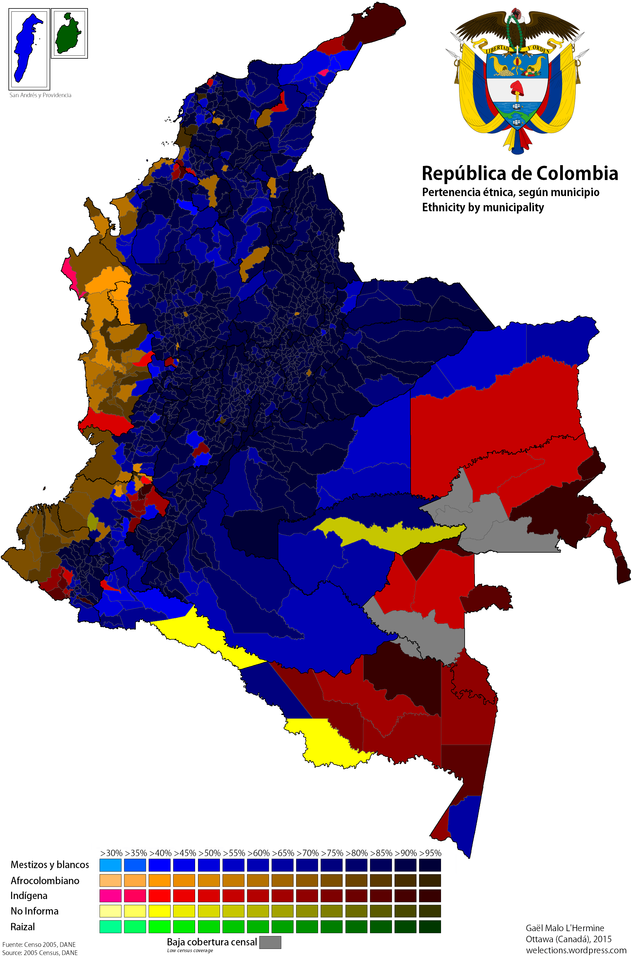 Ethnic map of Colombia by municipality, 2005 census data (own map