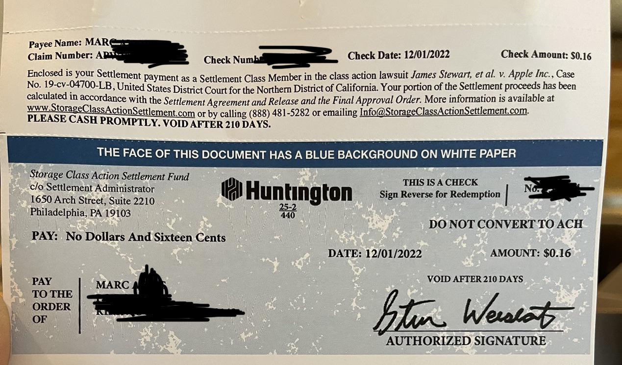 This “Class Action Settlement” check my hubby just received. r/facepalm