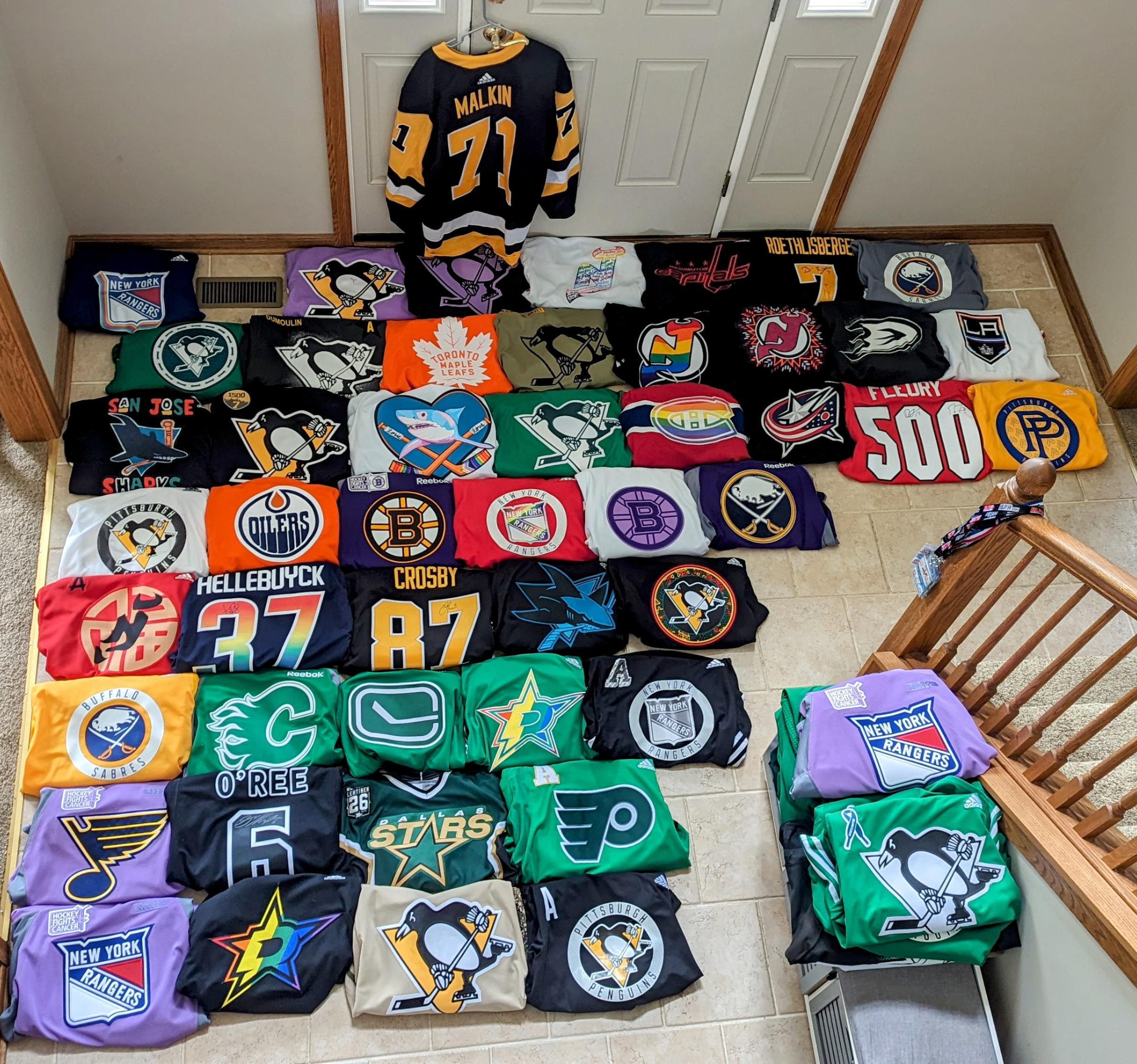 My current collection of warmup jerseys from around the NHL. r