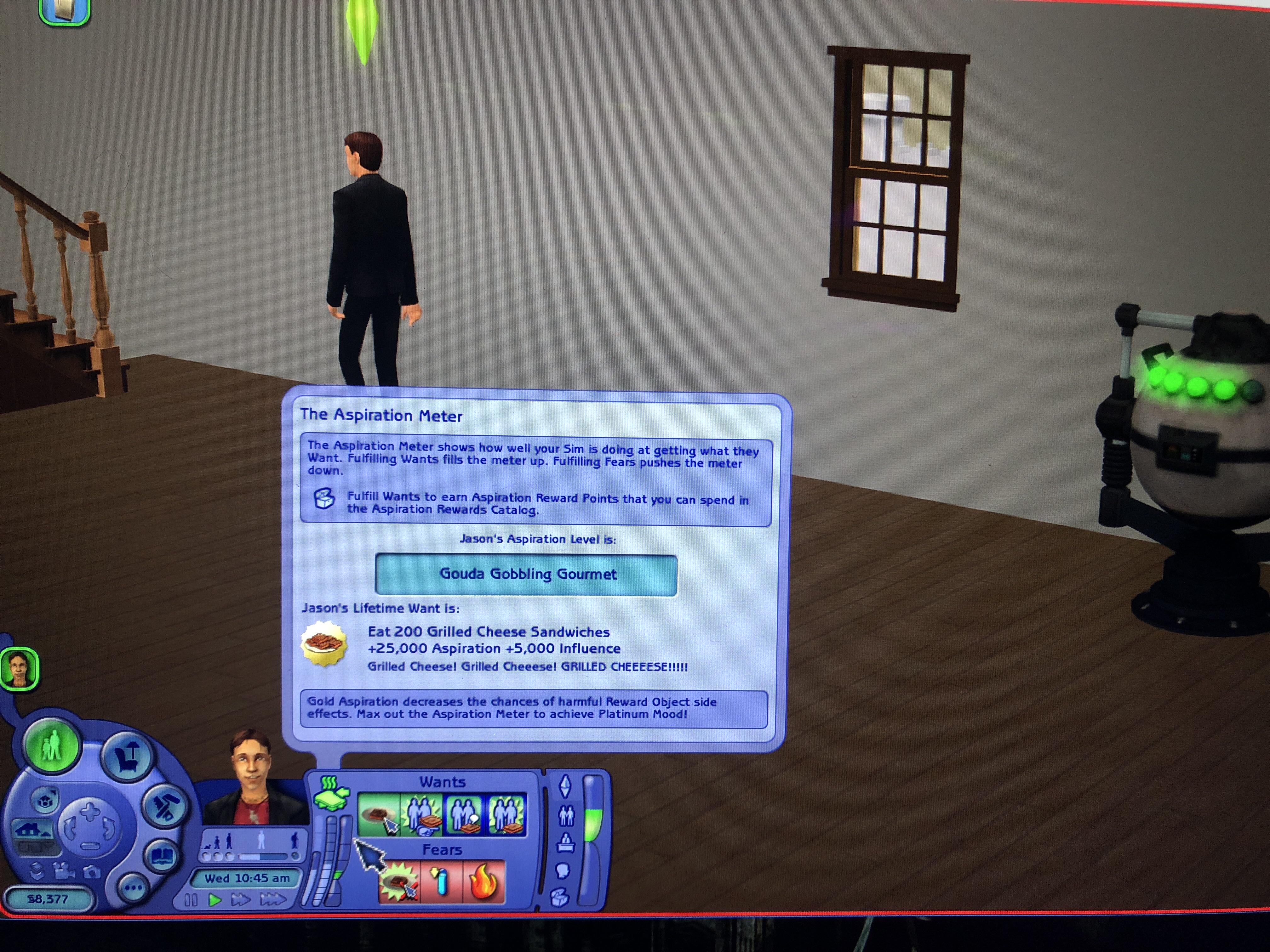 I tried to reprogram my sim... I now have the grilled cheese aspiration