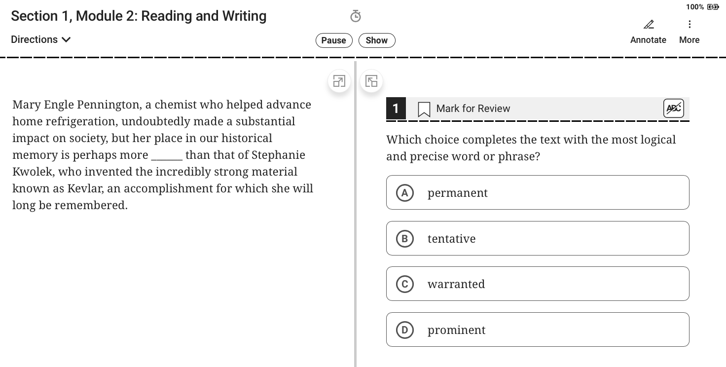 Bluebook Test 5: Reading/Writing Module 2 Hard, Question #1 : u
