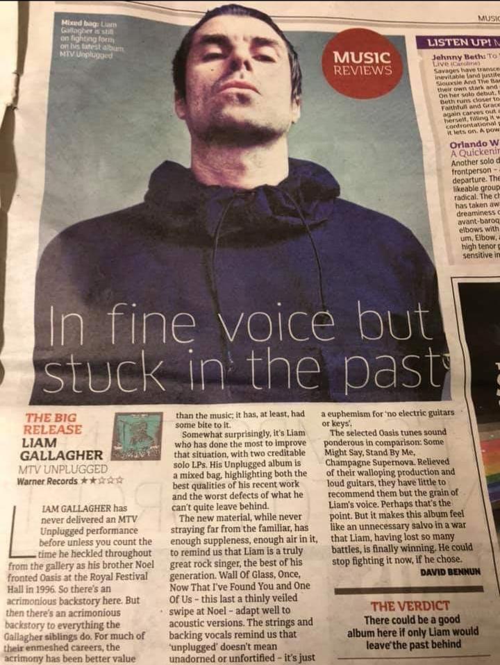 Liam Gallagher MTV Unplugged review by the metro newspaper. r/oasis