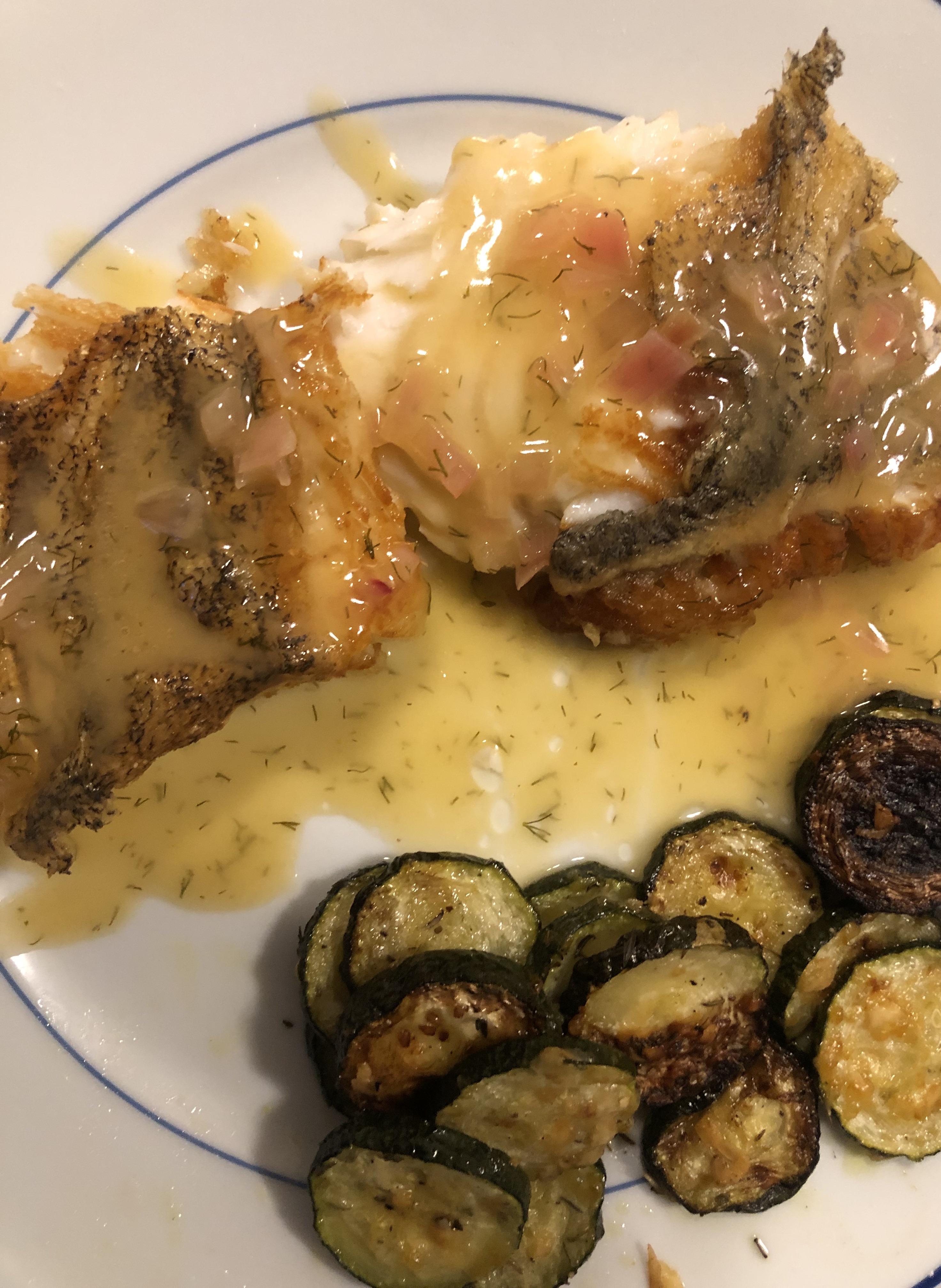 Pan fried halibut and roast zucchini with lemon dill beurre blanc r/FoodPorn