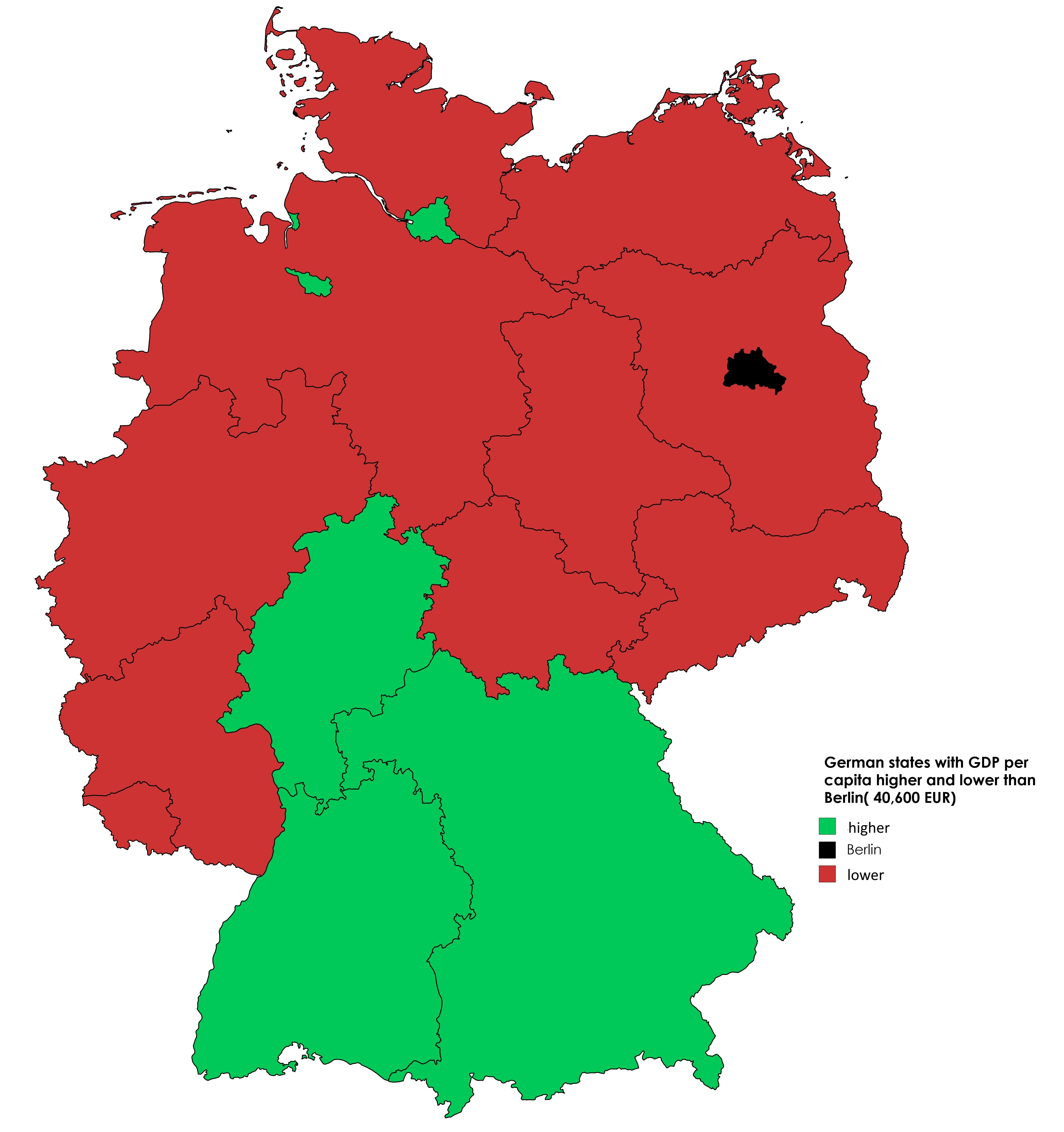 German states with GDP per capita higher and lower than Berlin( 40,600