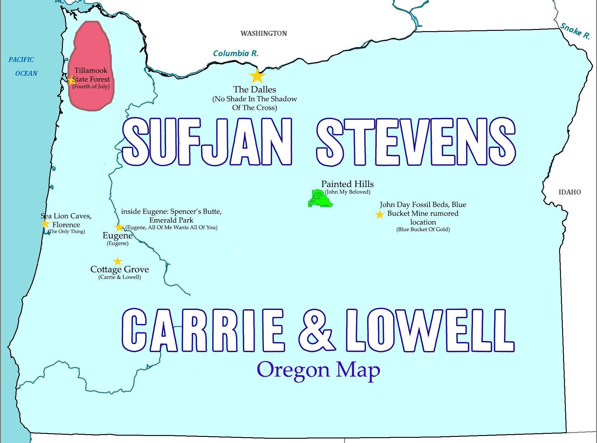 i made an oregon map with all the carrie and lowell references r/Sufjan