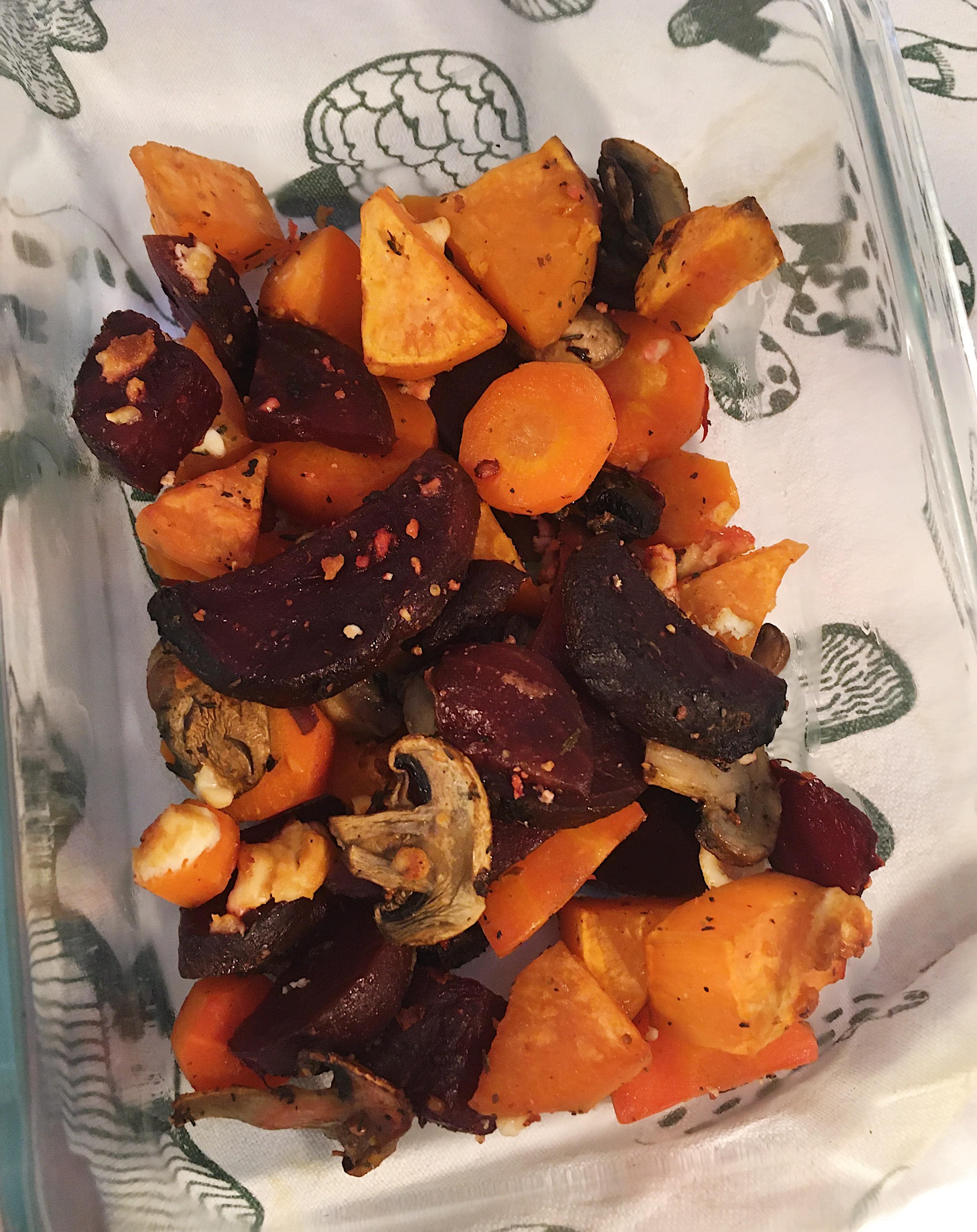 Sweetpotato, carrots, mushrooms, beets and feta all roasted in the oven