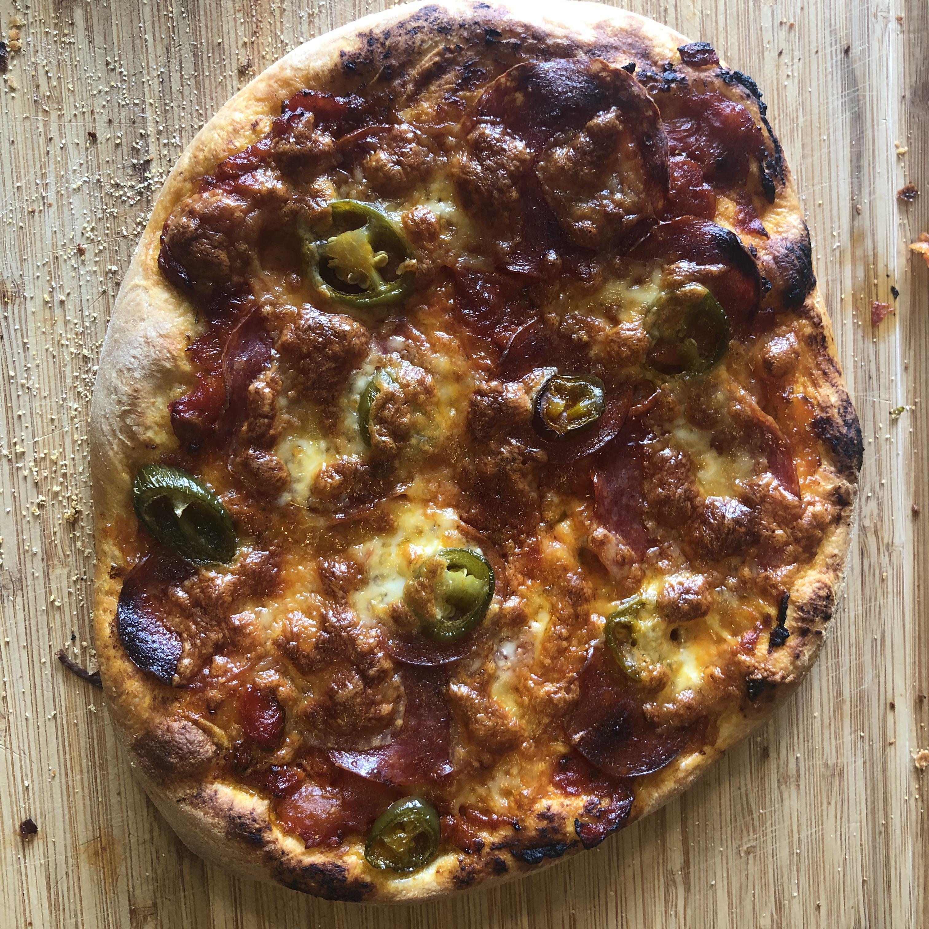 Pepperoni, salami, jalapeno and mozzarella. Used Alton Brown’s dough