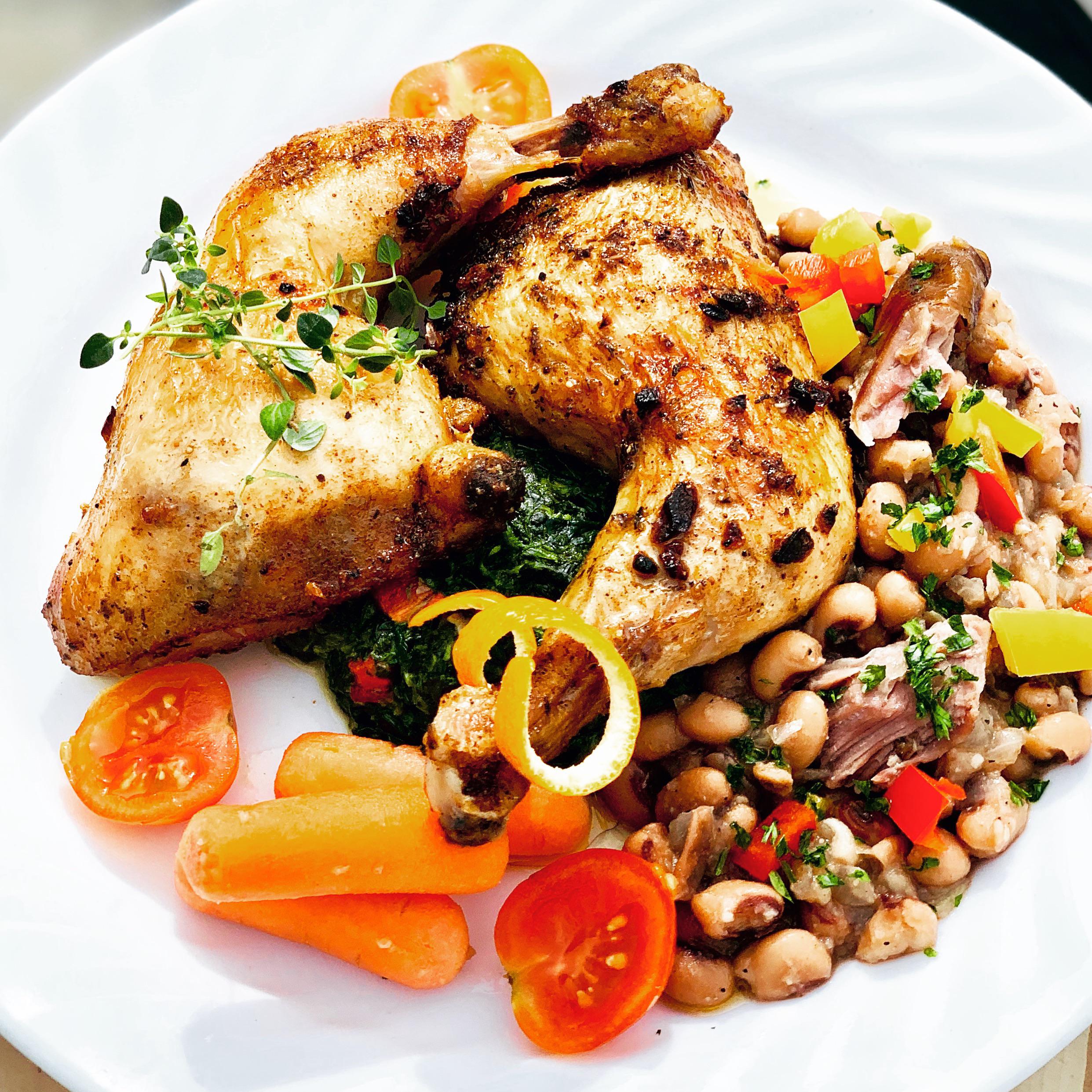 Simple roasted chicken with black eye peas & creamed spinach! r/FoodPorn