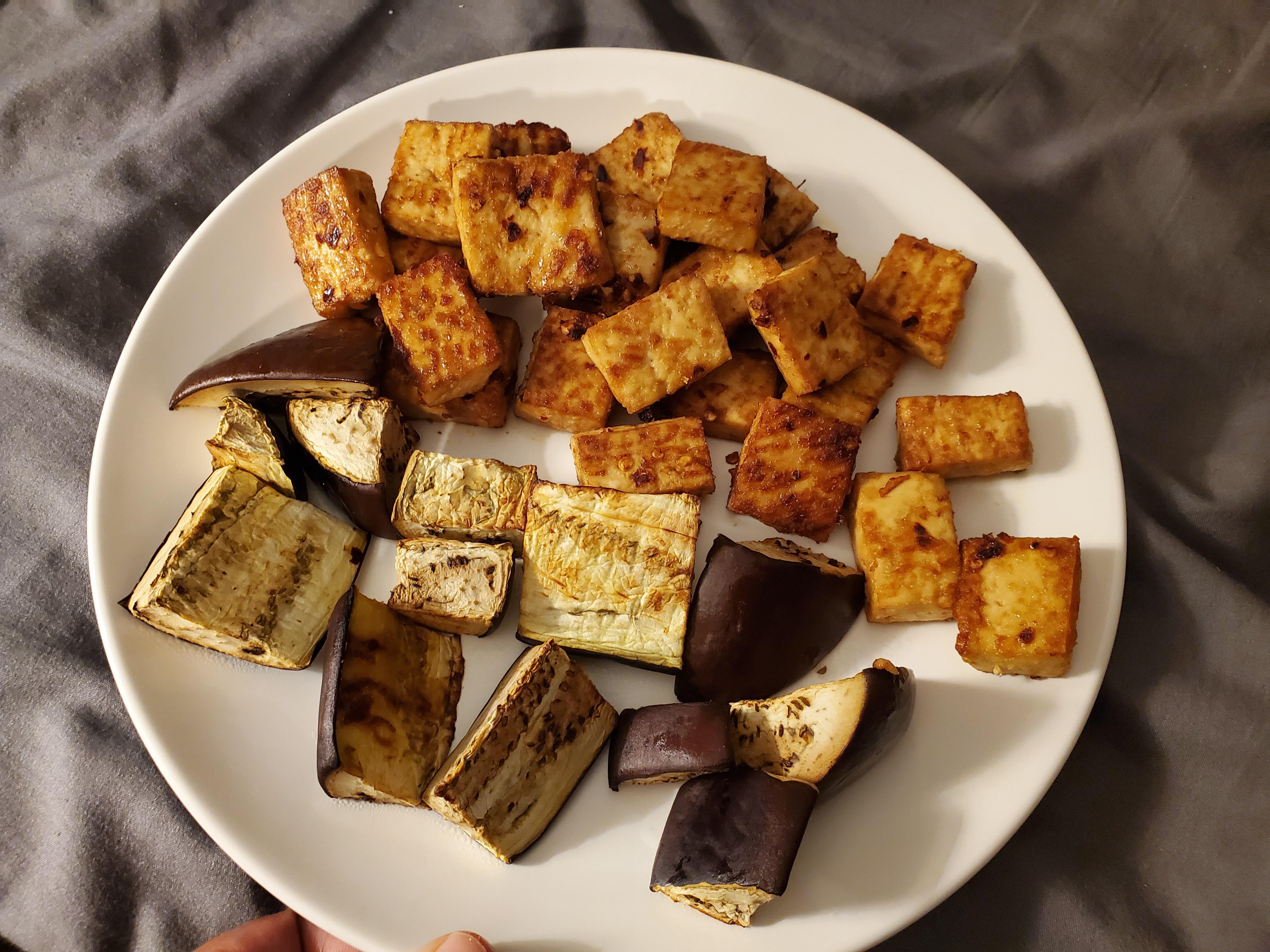 Crispy baked tofu with eggplant for a total of 580 calories. And really