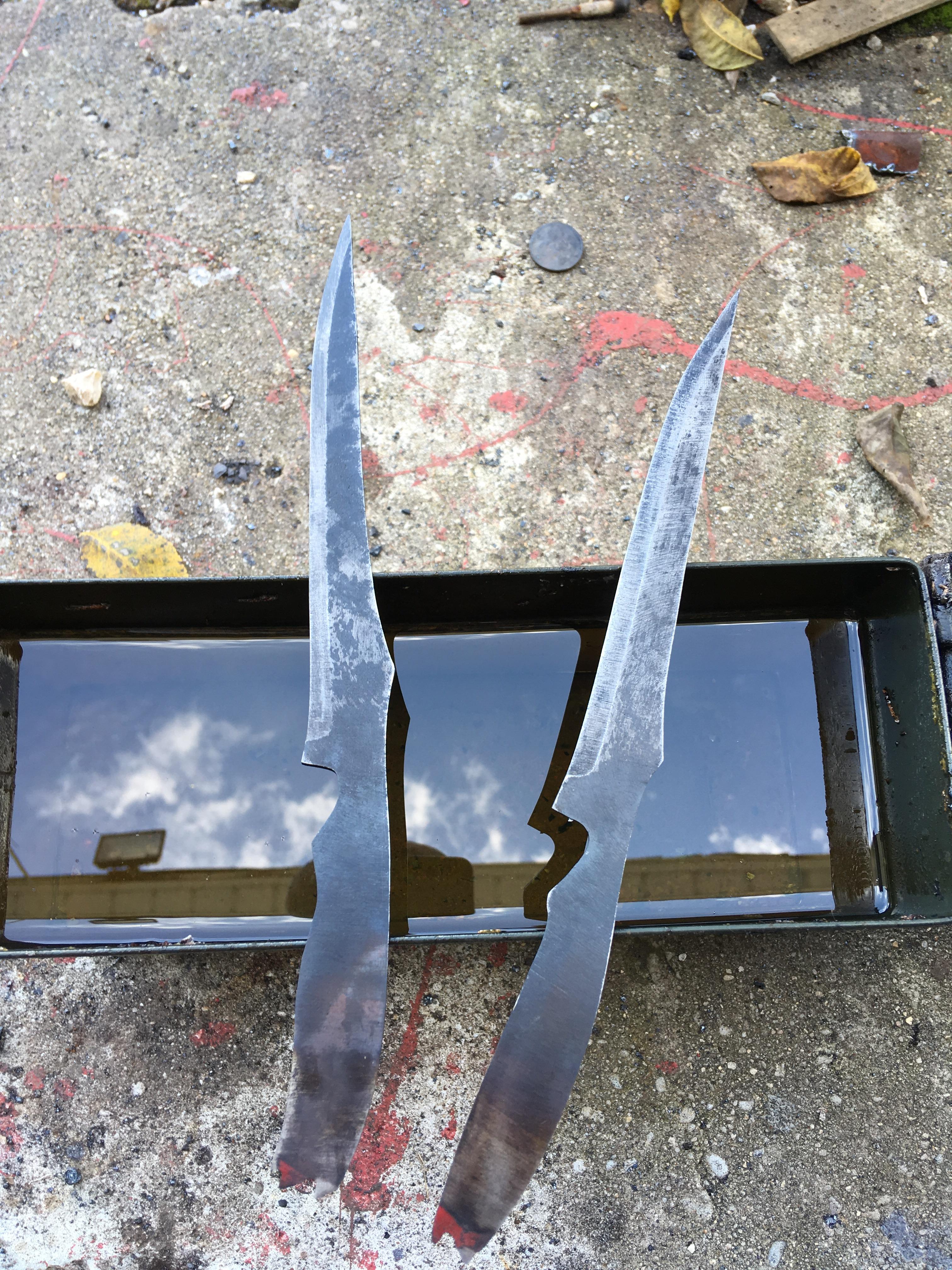 A pair of fillet knives quenched and ready for heat treating r/Bladesmith