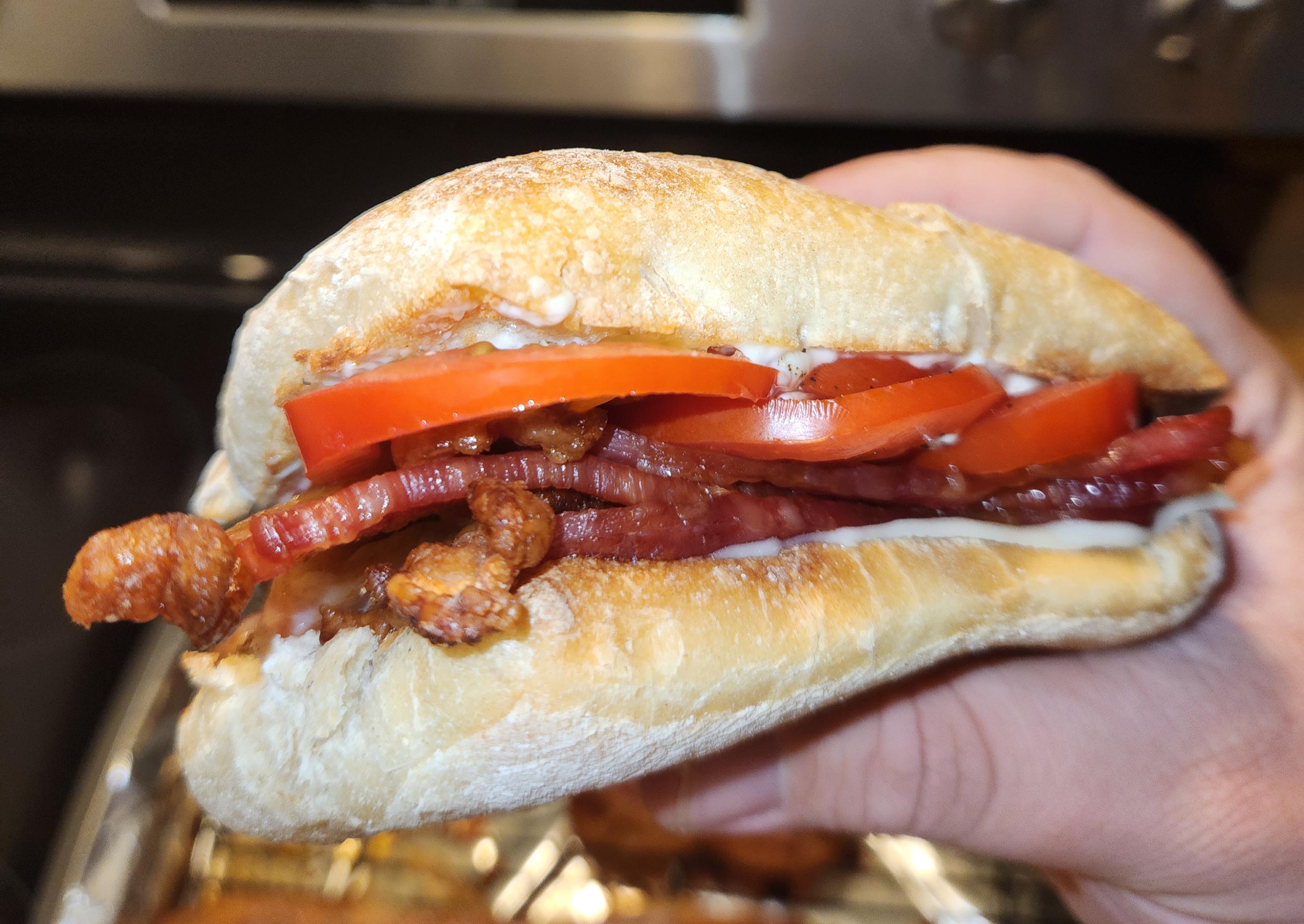 Tomato and Bacon on Ciabatta w/ Garlic Aioli (Remember to salt and