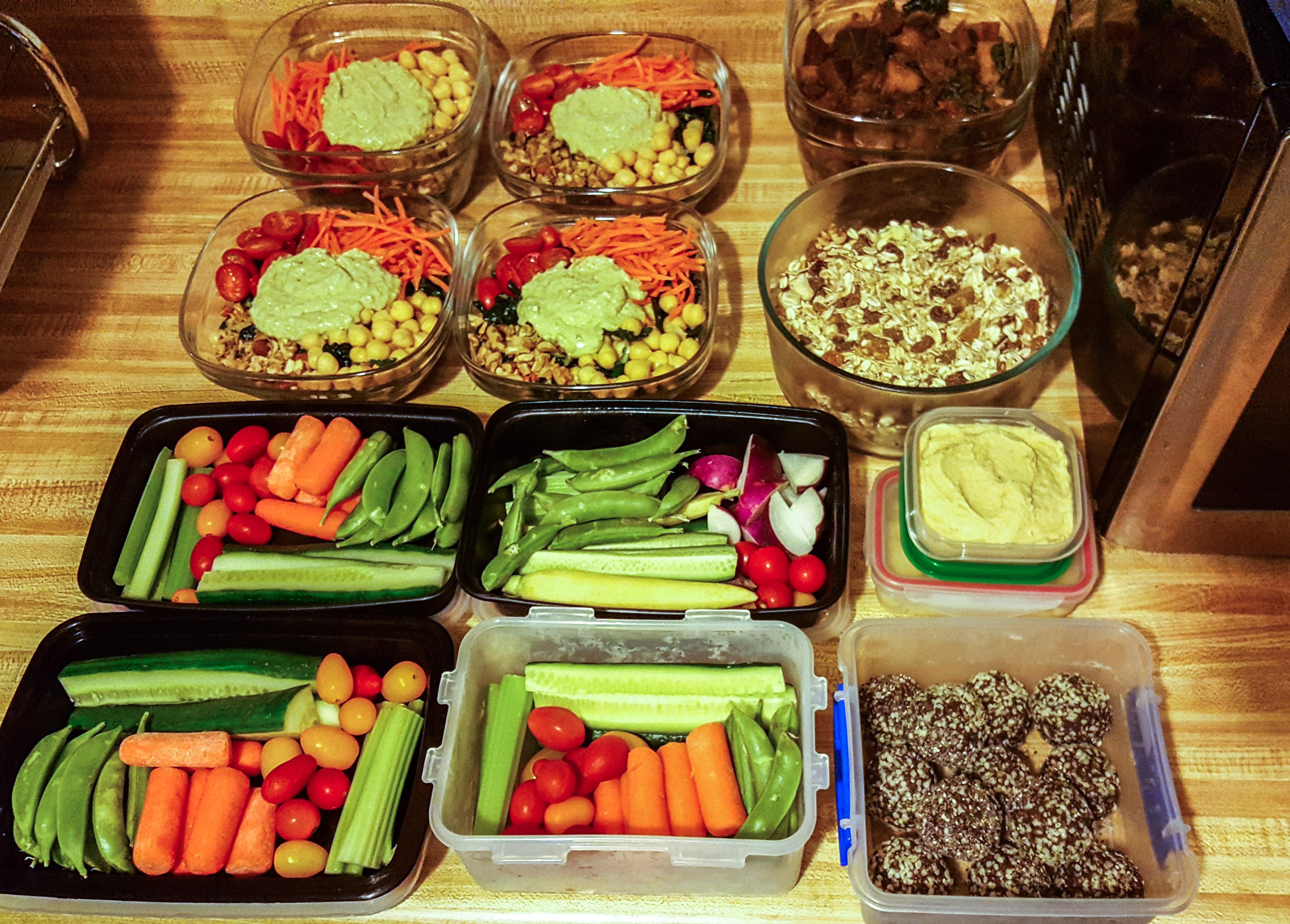 Vegetarian meal prep, including winter vegetable stew, muesli, protein