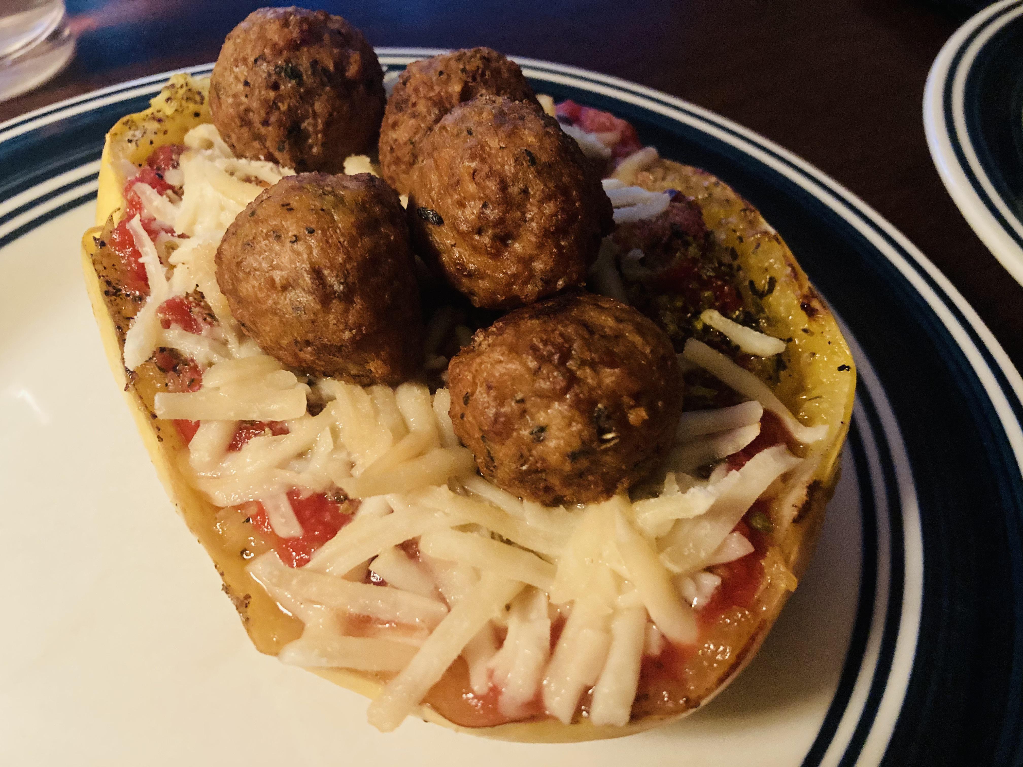 Spaghetti squash with the Zesty Italian Meatless Meatballs, Earthgrow Mozz Shreds, simple
