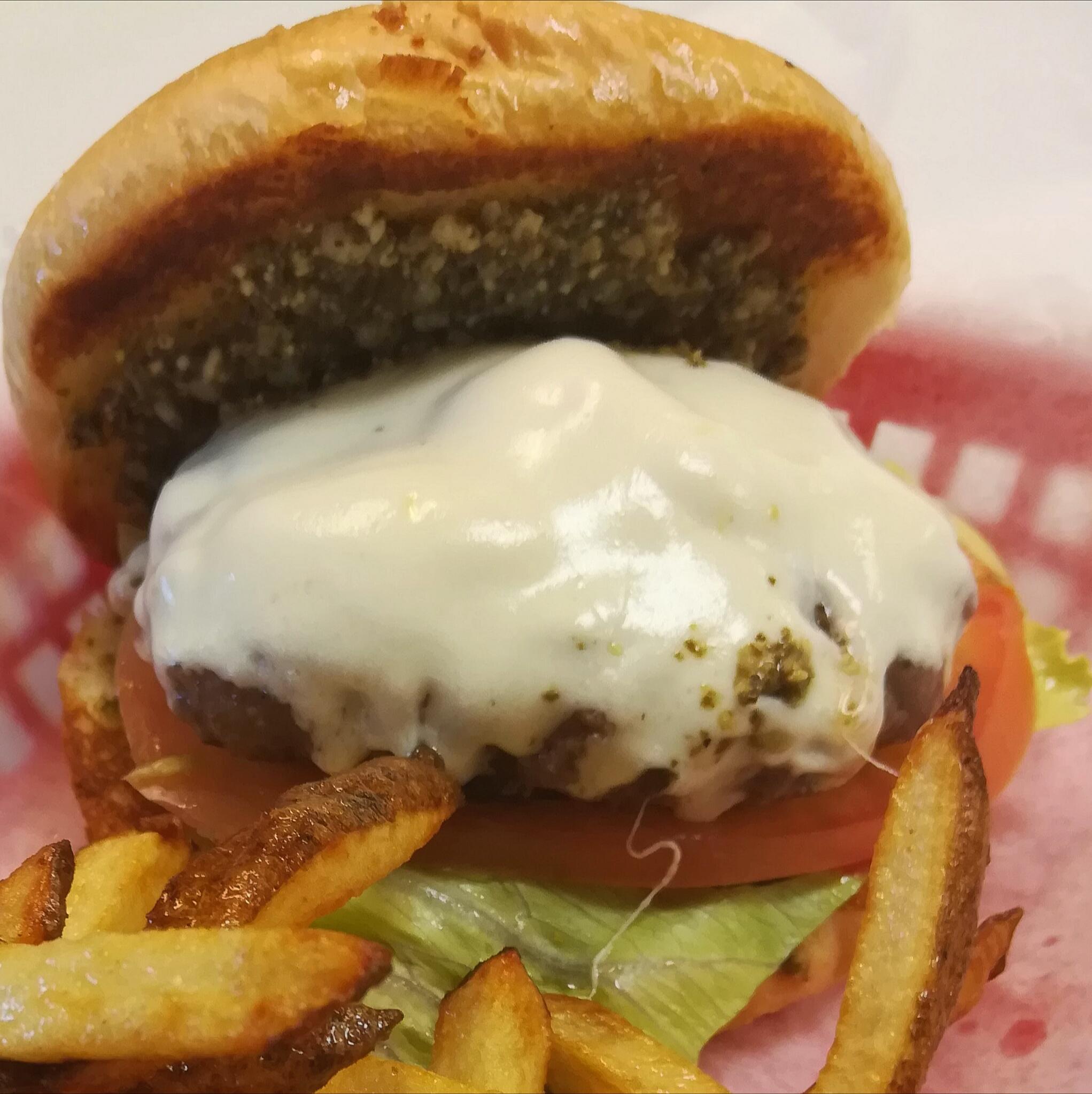 Burger with mozzarella and pesto on the bun r/burgers