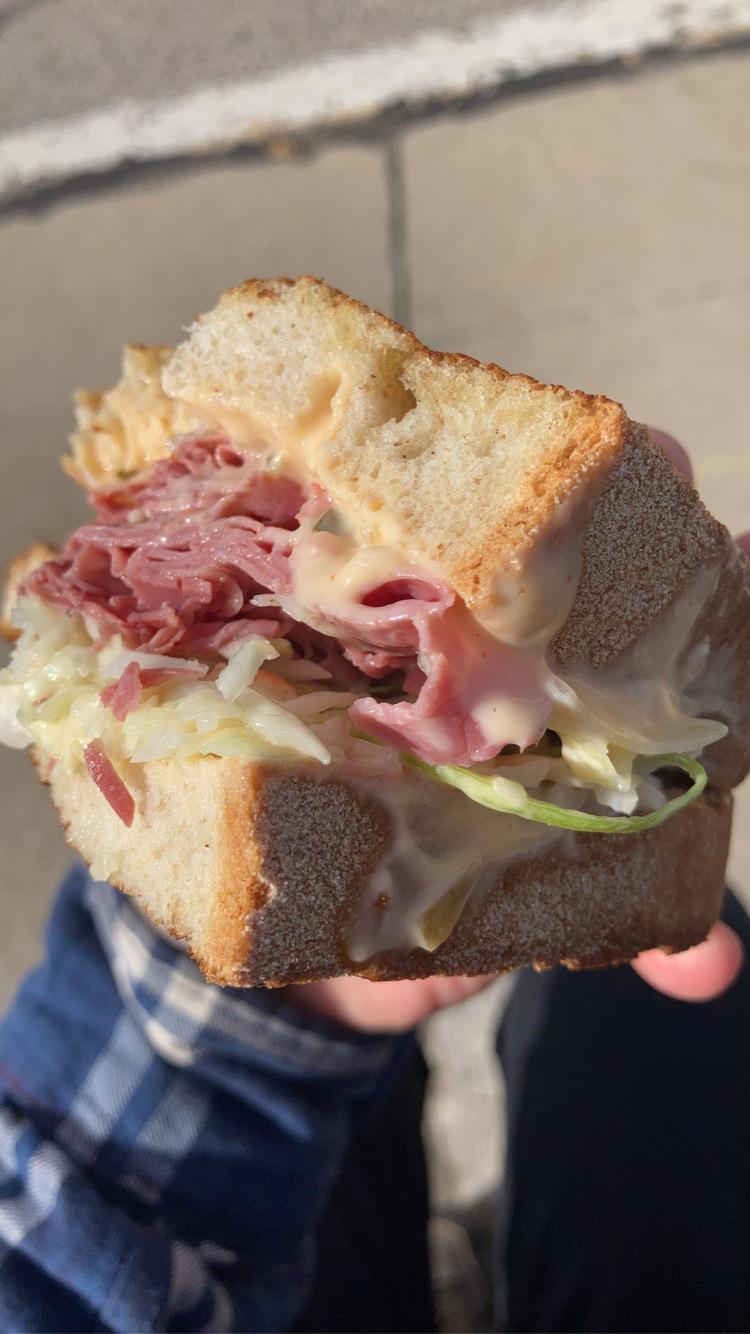 “Rachael” corned beef, coleslaw, & thousand island grilled on rye r