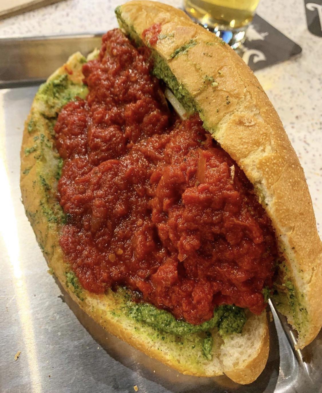 This meatball sub with marinara and pesto r/eatsandwiches