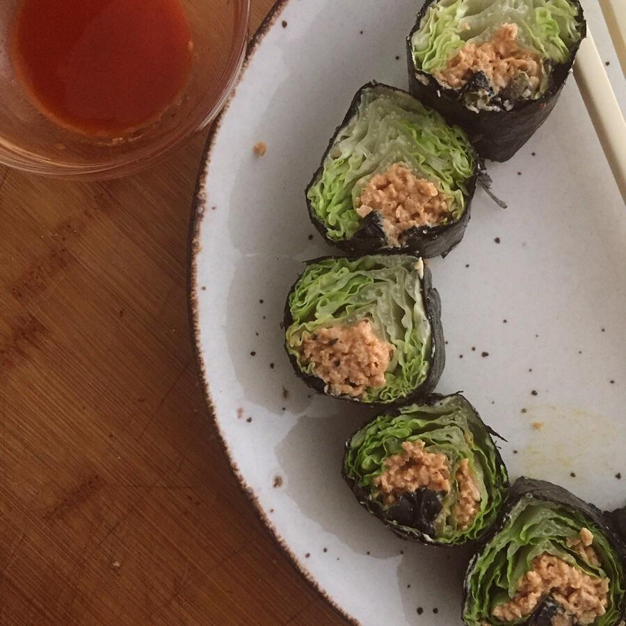 Another Veganketo sushi roll made with romaine and tvpspicy vegan