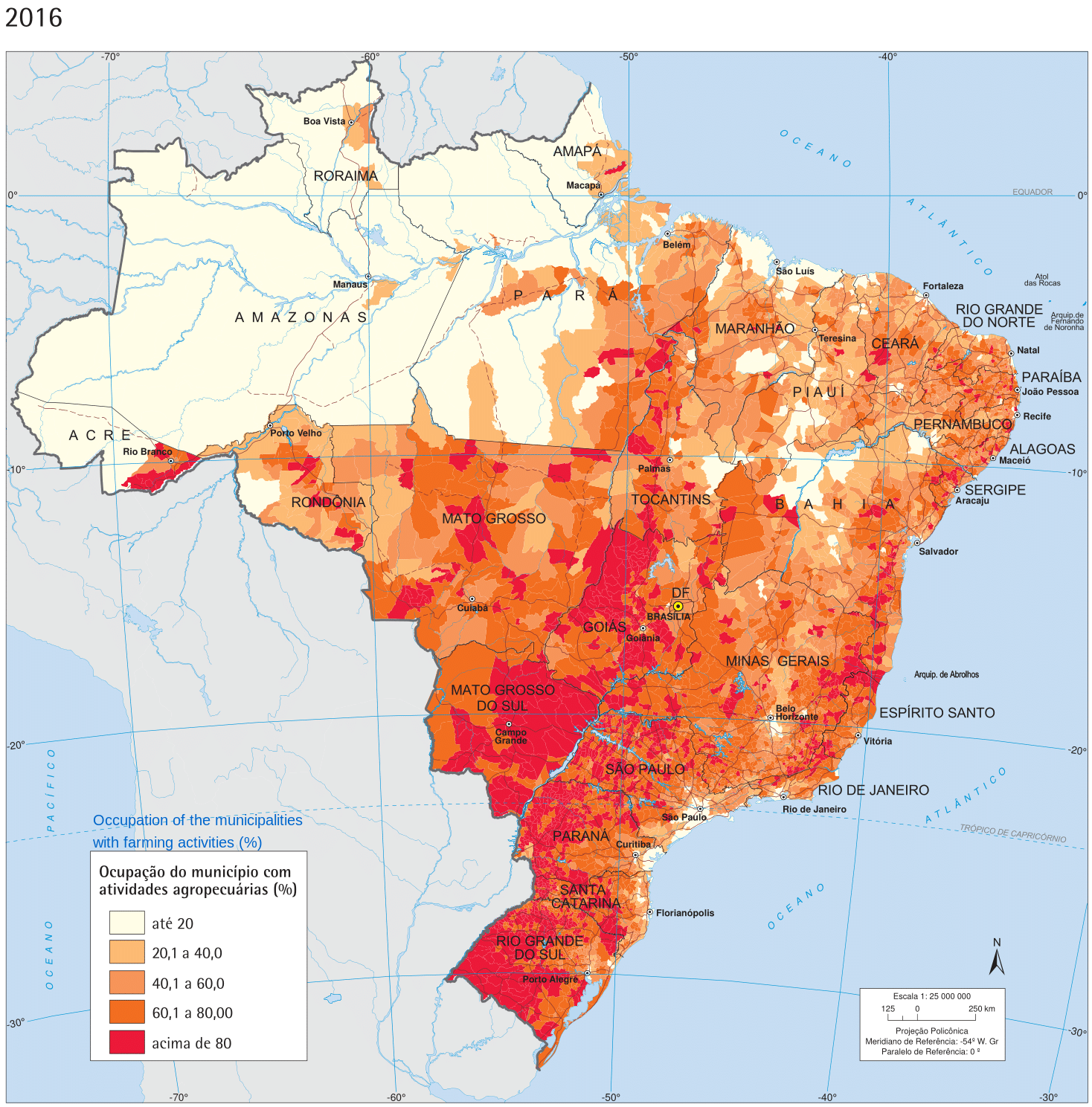 of land occupied by farming activities in Brazil. 2016 r/Maps