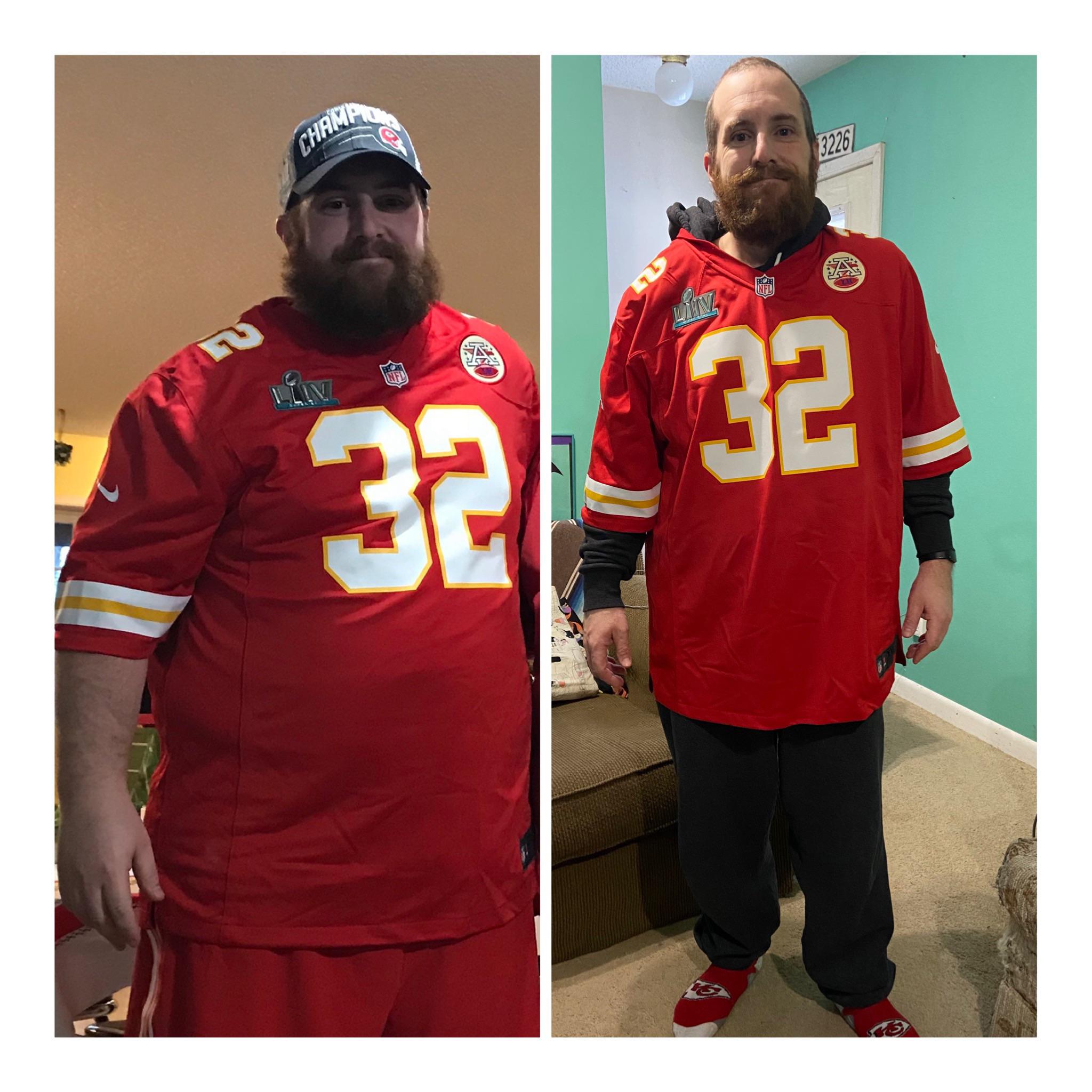 M/37/5’7” [313 199 = 114 lost]. Same Chiefs Super Bowl jersey one